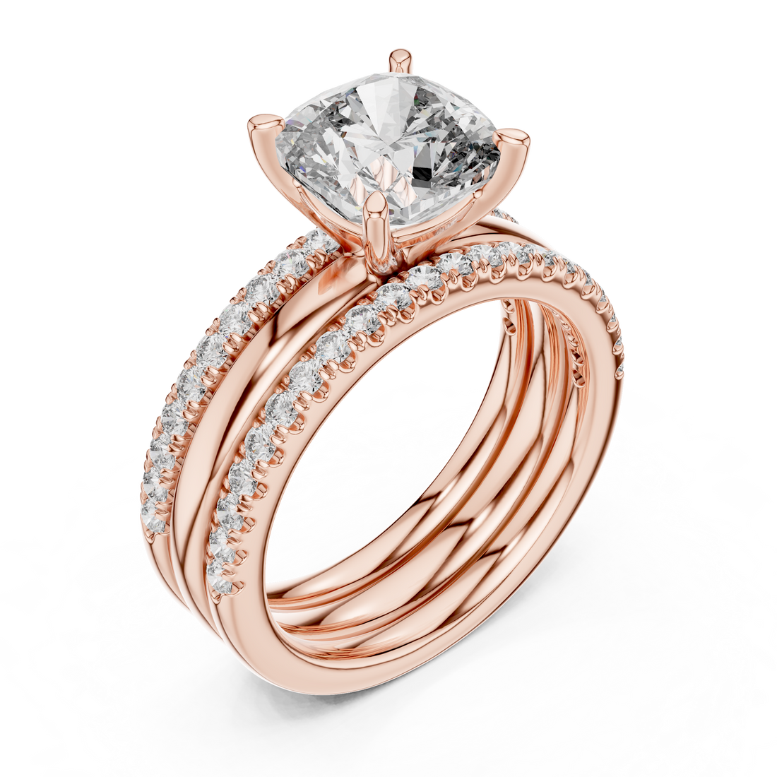 Cushion-Cut Solitaire Engagement Ring with Split Double-Row Pave Shank
