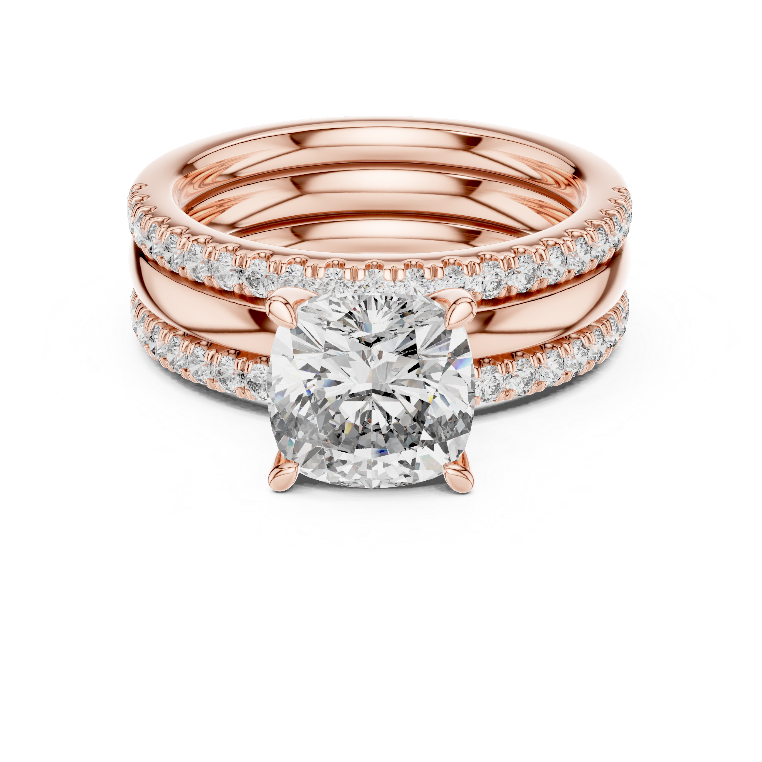 Cushion-Cut Solitaire Engagement Ring with Split Double-Row Pave Shank