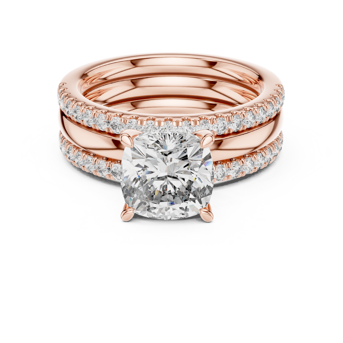 Cushion-Cut Solitaire Engagement Ring with Split Double-Row Pave Shank