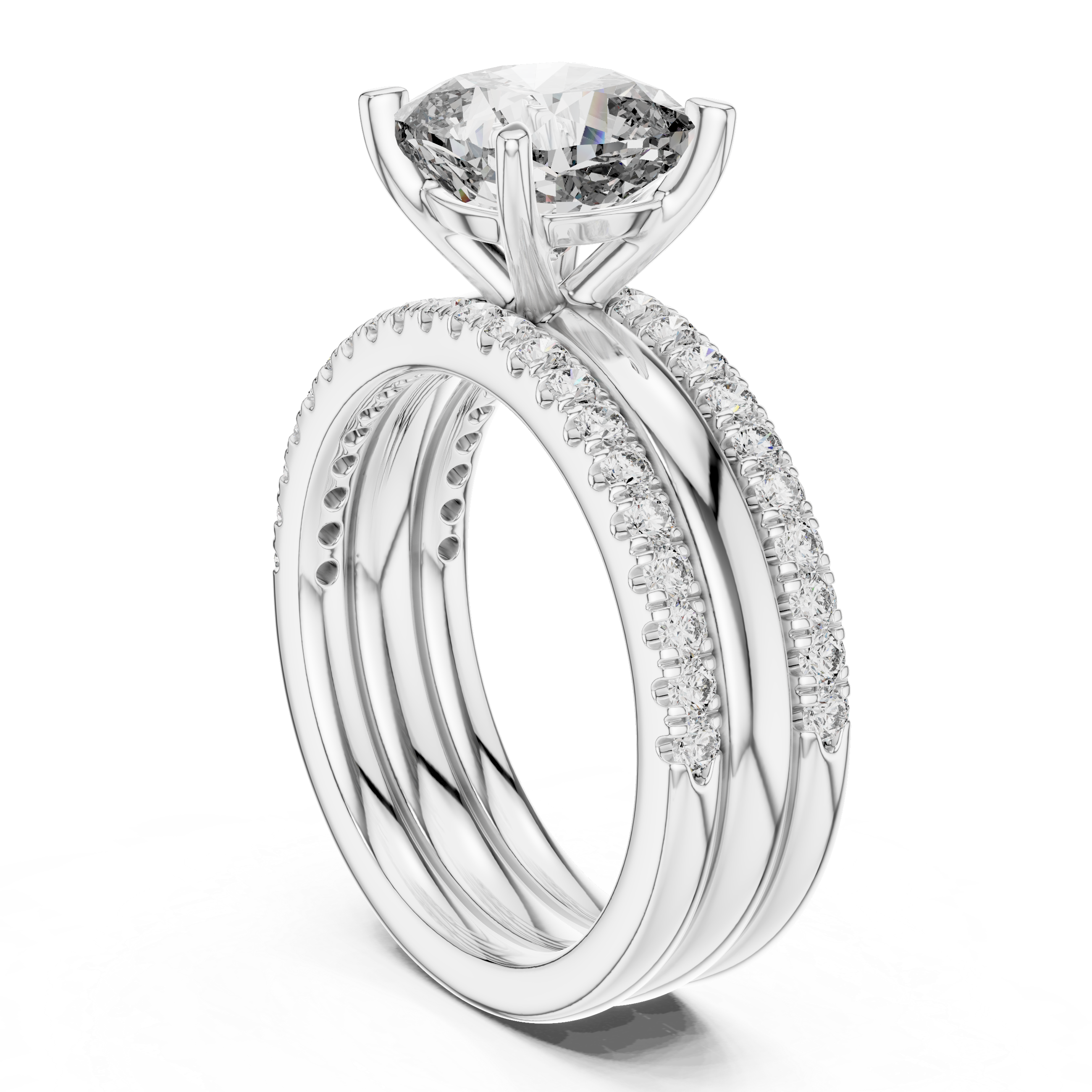 Cushion-Cut Solitaire Engagement Ring with Split Double-Row Pave Shank