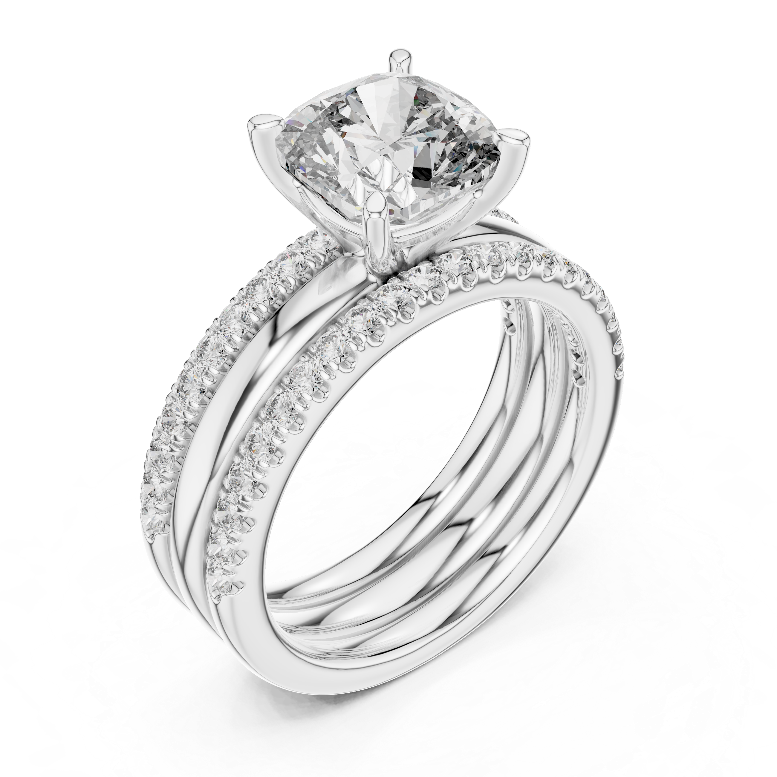 Cushion-Cut Solitaire Engagement Ring with Split Double-Row Pave Shank
