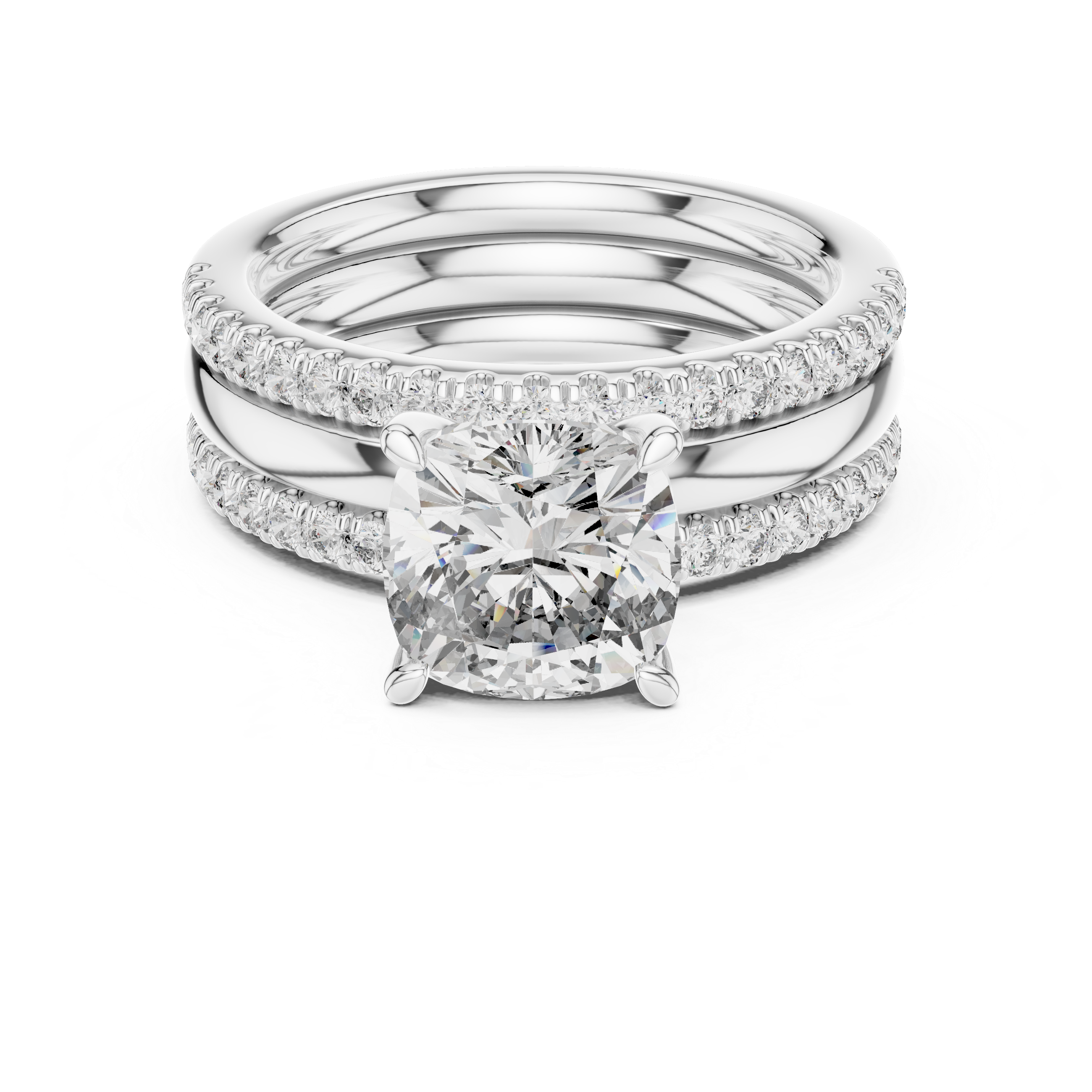 Cushion-Cut Solitaire Engagement Ring with Split Double-Row Pave Shank
