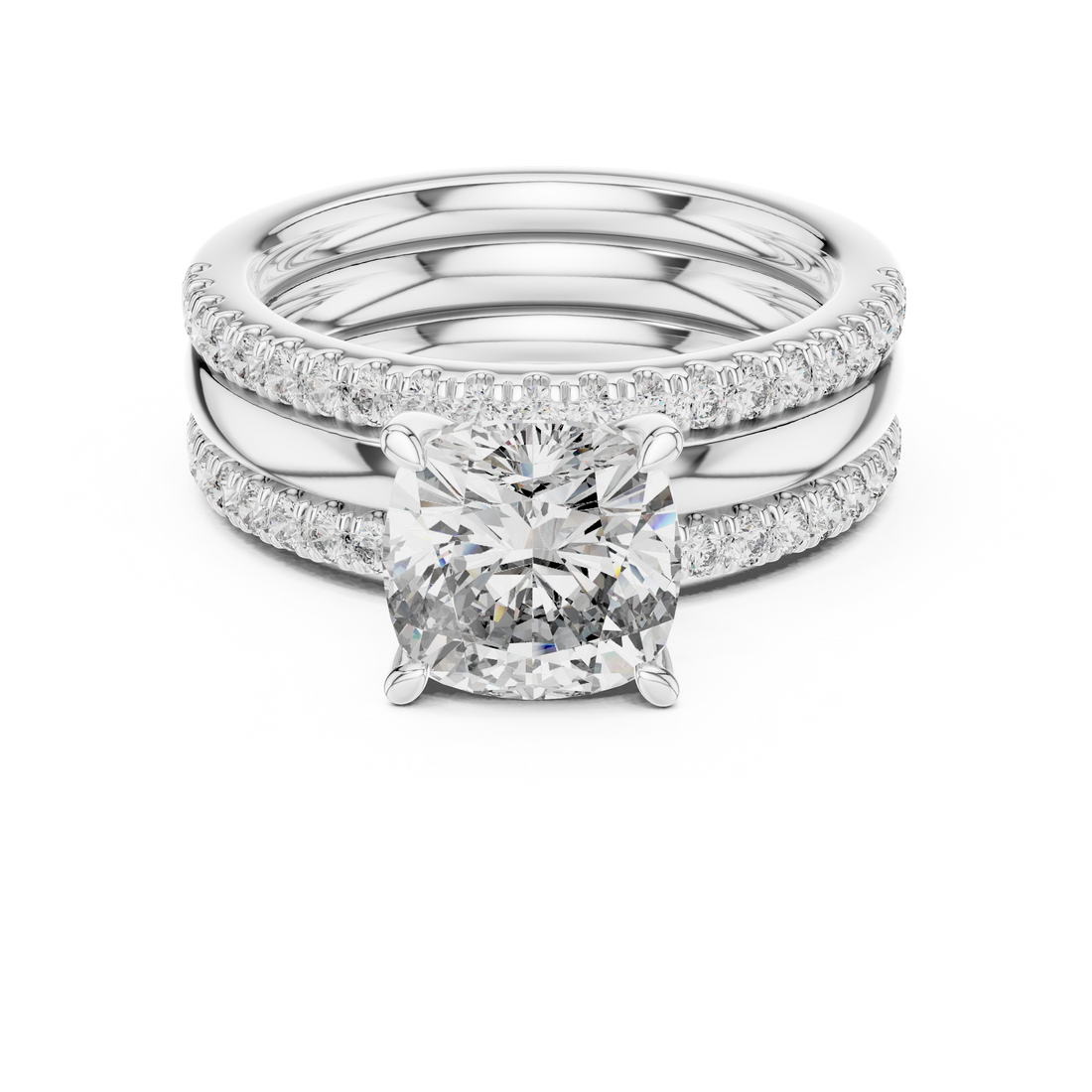 Cushion-Cut Solitaire Engagement Ring with Split Double-Row Pave Shank