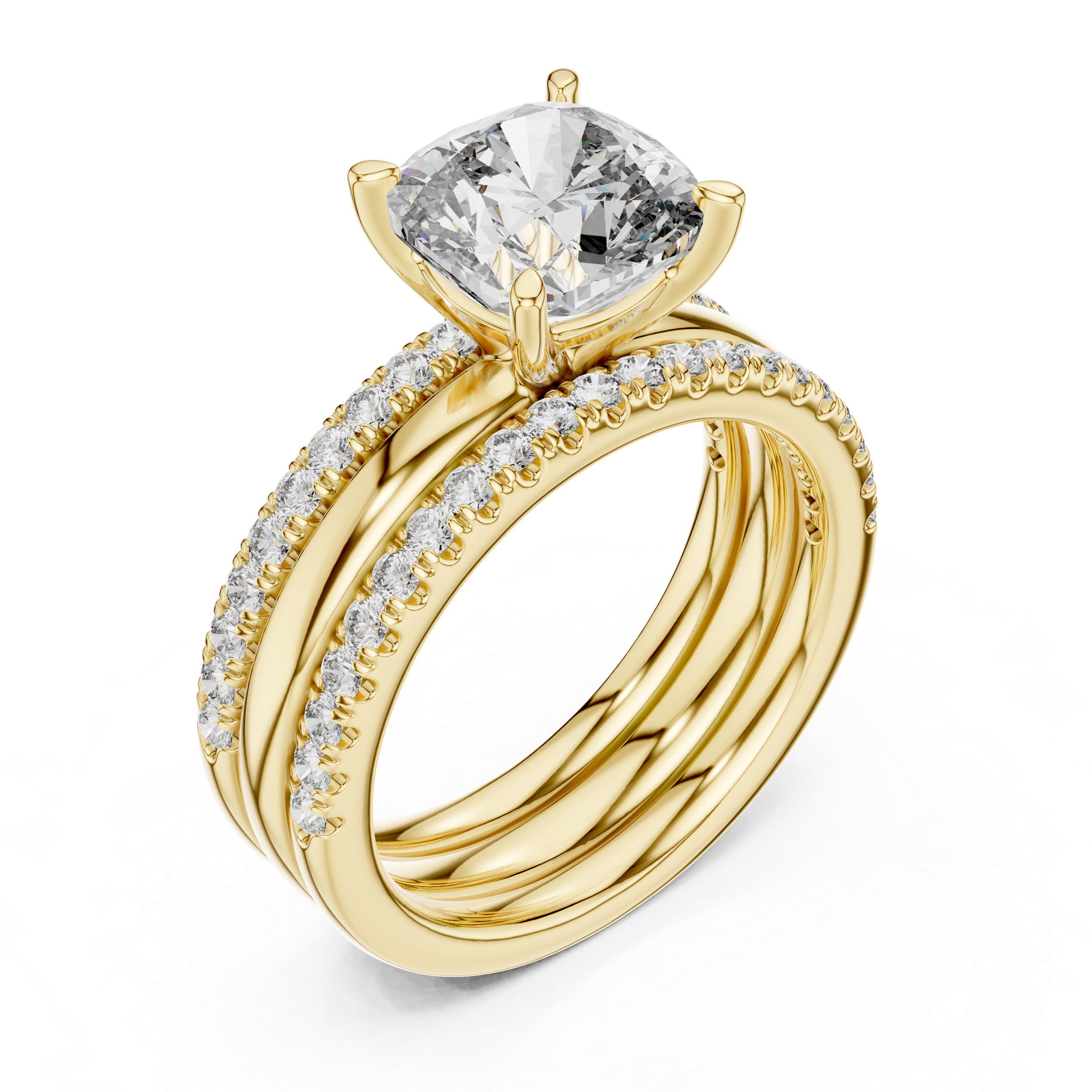 Cushion-Cut Solitaire Engagement Ring with Split Double-Row Pave Shank