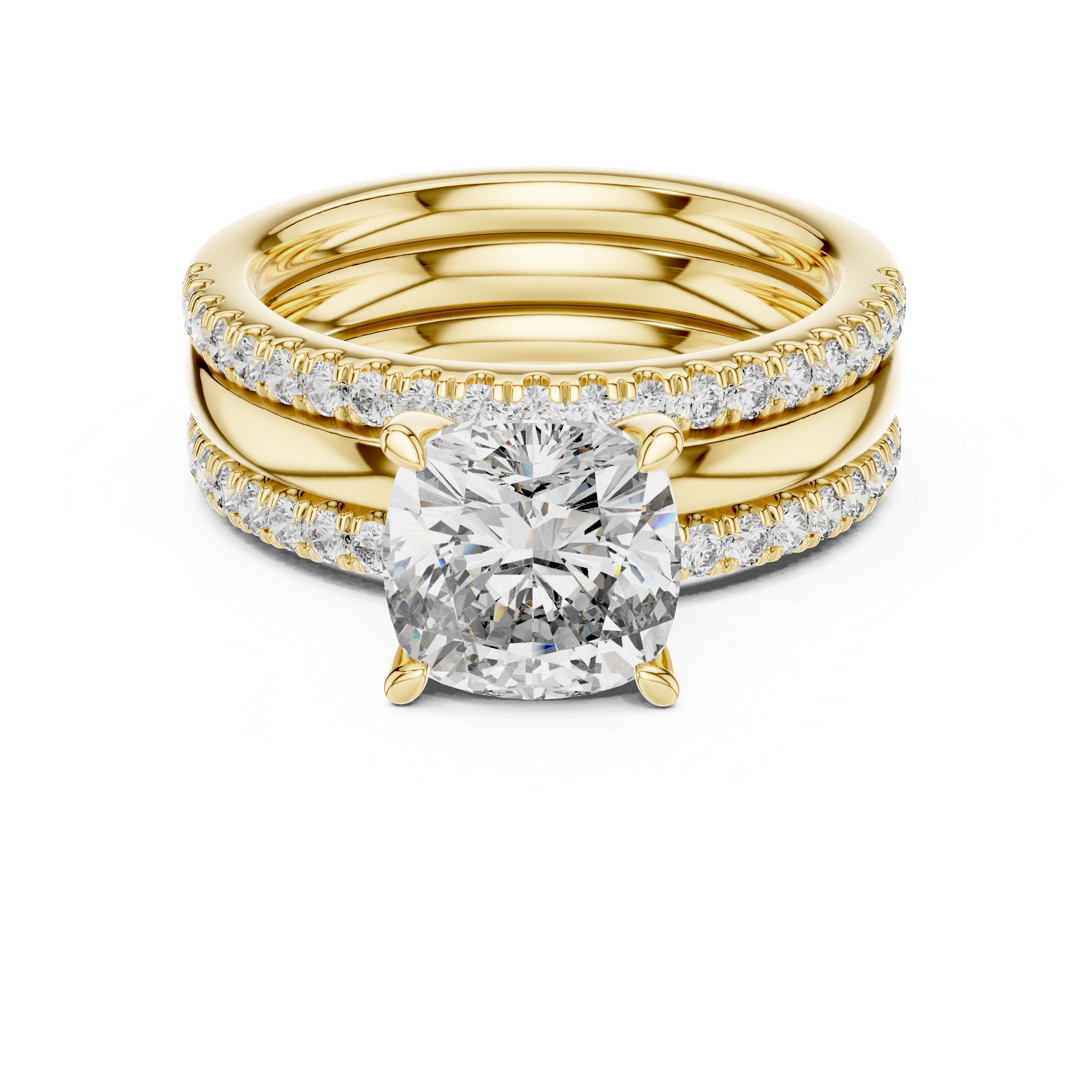 Cushion-Cut Solitaire Engagement Ring with Split Double-Row Pave Shank