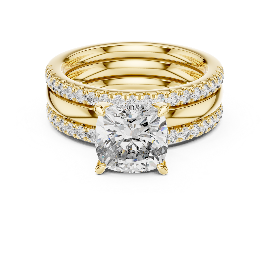 Cushion-Cut Solitaire Engagement Ring with Split Double-Row Pave Shank