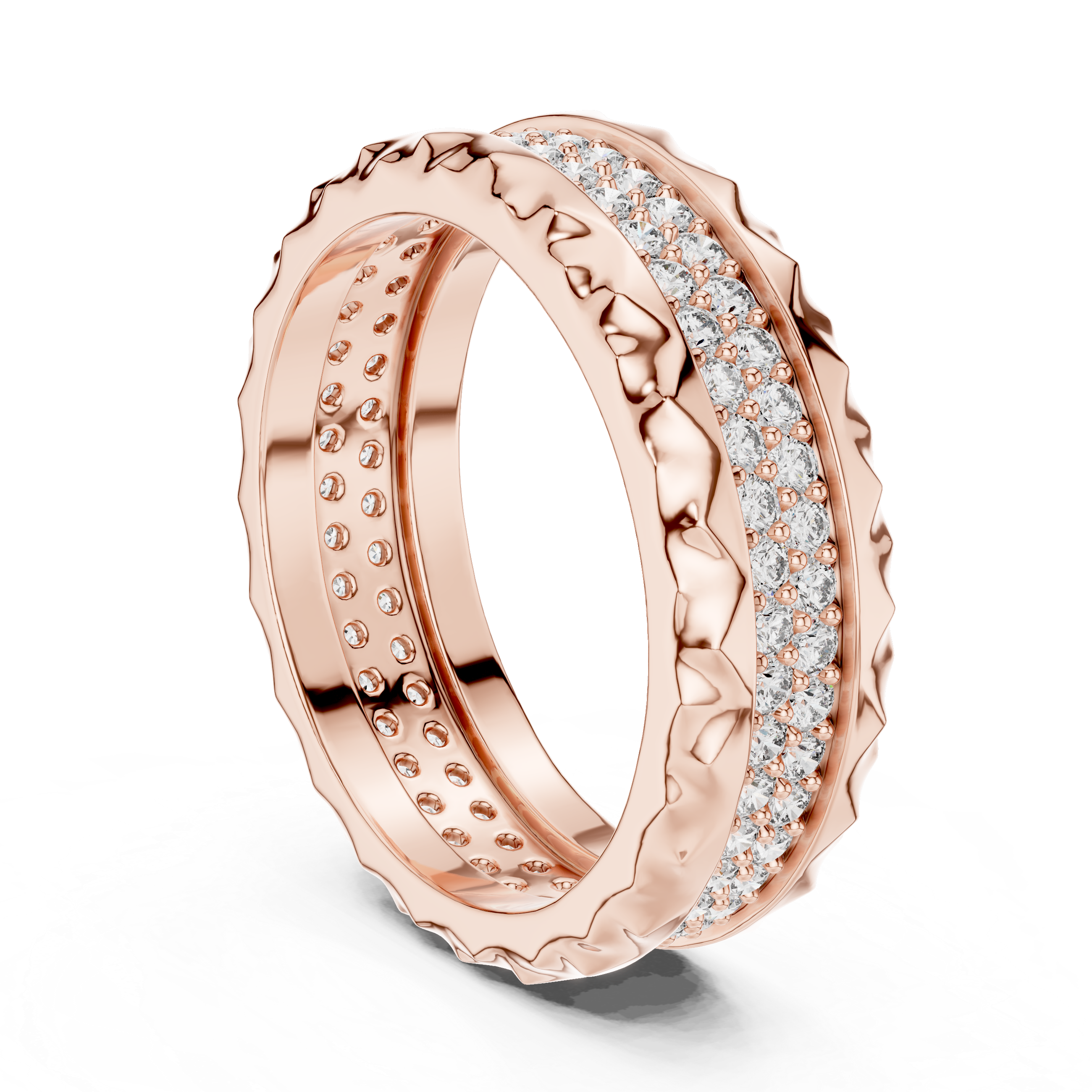 Geometric Double-Row Pave Eternity Band with Faceted Borders