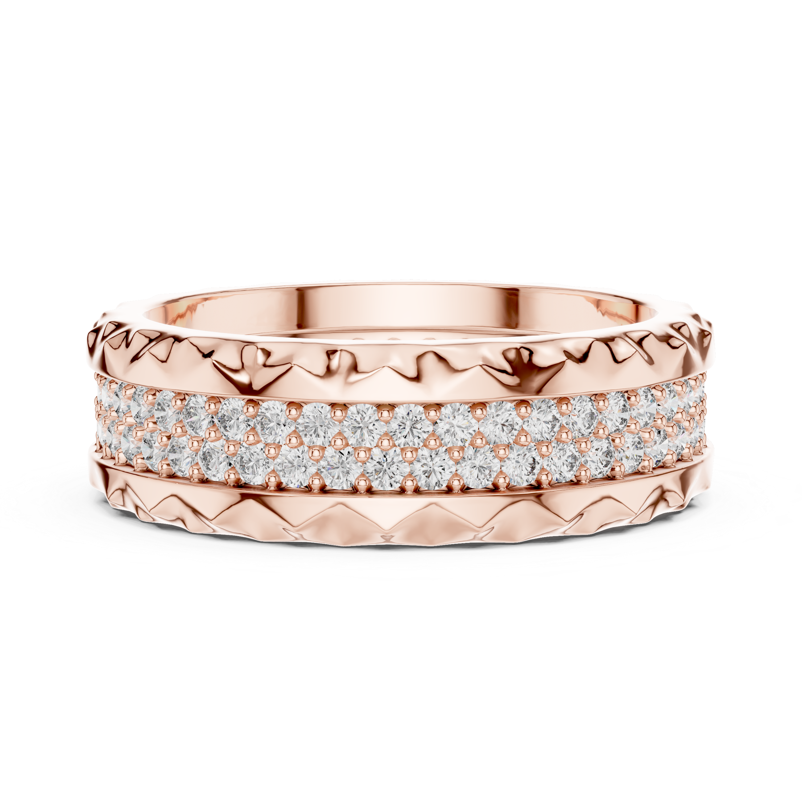 Geometric Double-Row Pave Eternity Band with Faceted Borders