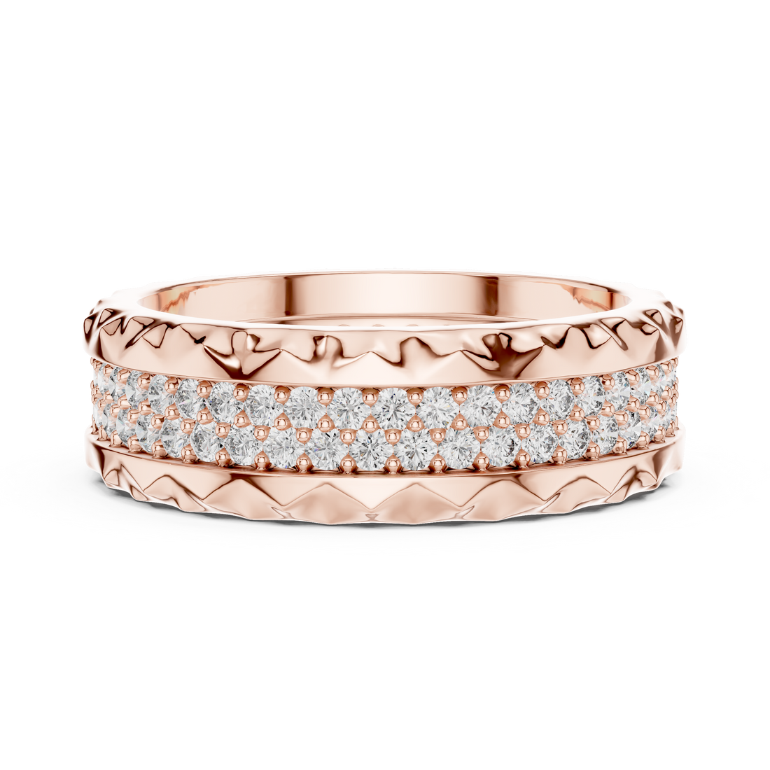 Geometric Double-Row Pave Eternity Band with Faceted Borders