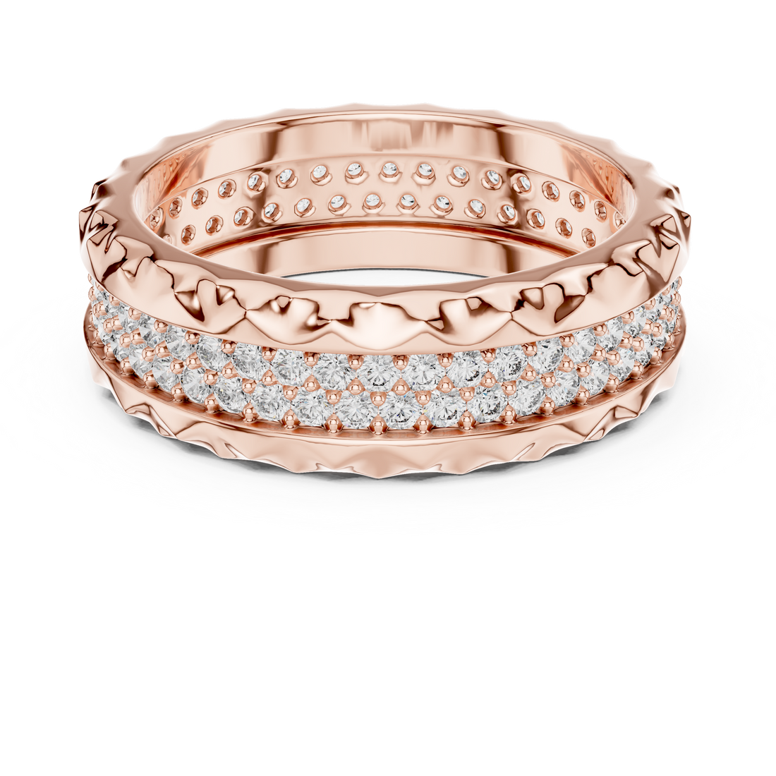 Geometric Double-Row Pave Eternity Band with Faceted Borders