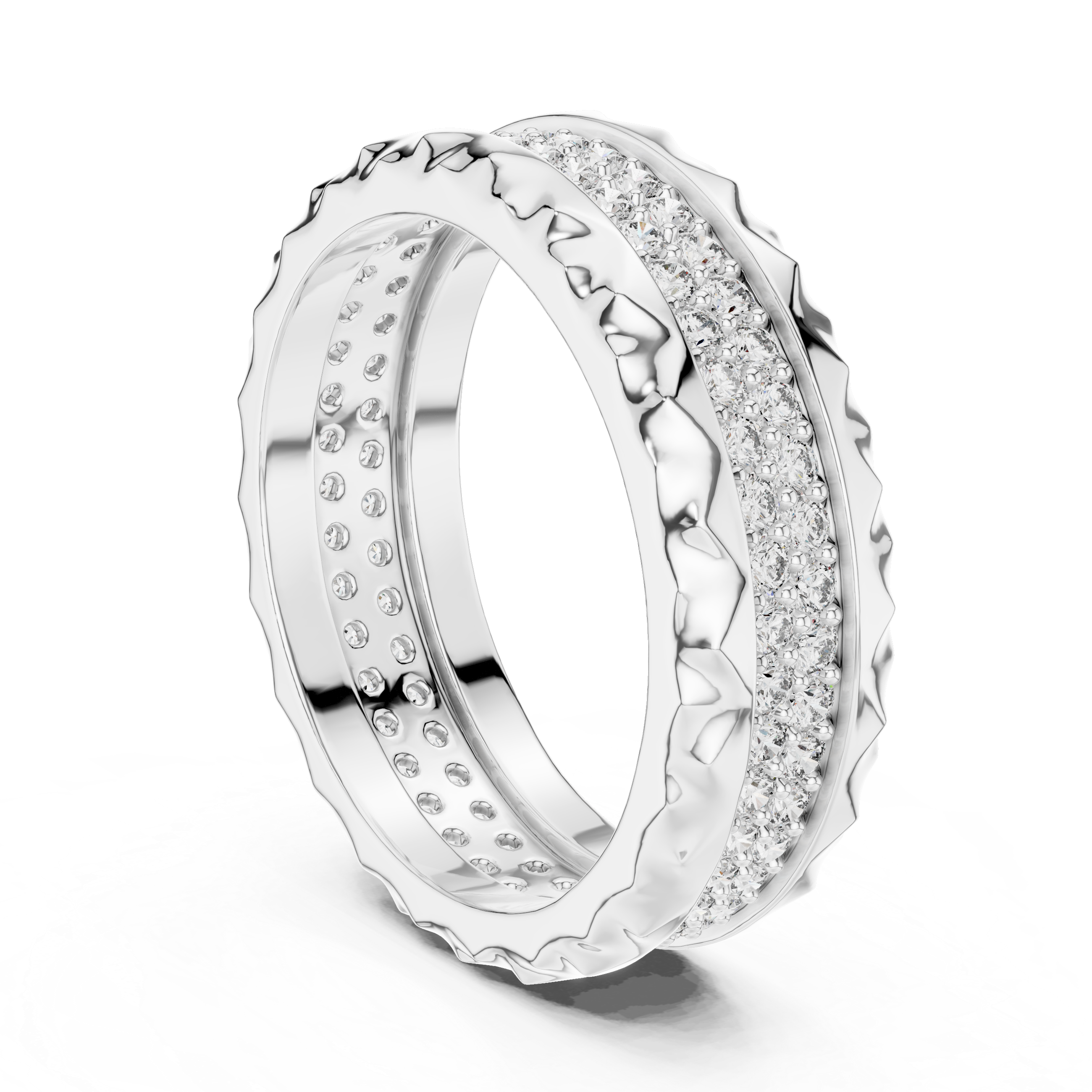 Geometric Double-Row Pave Eternity Band with Faceted Borders