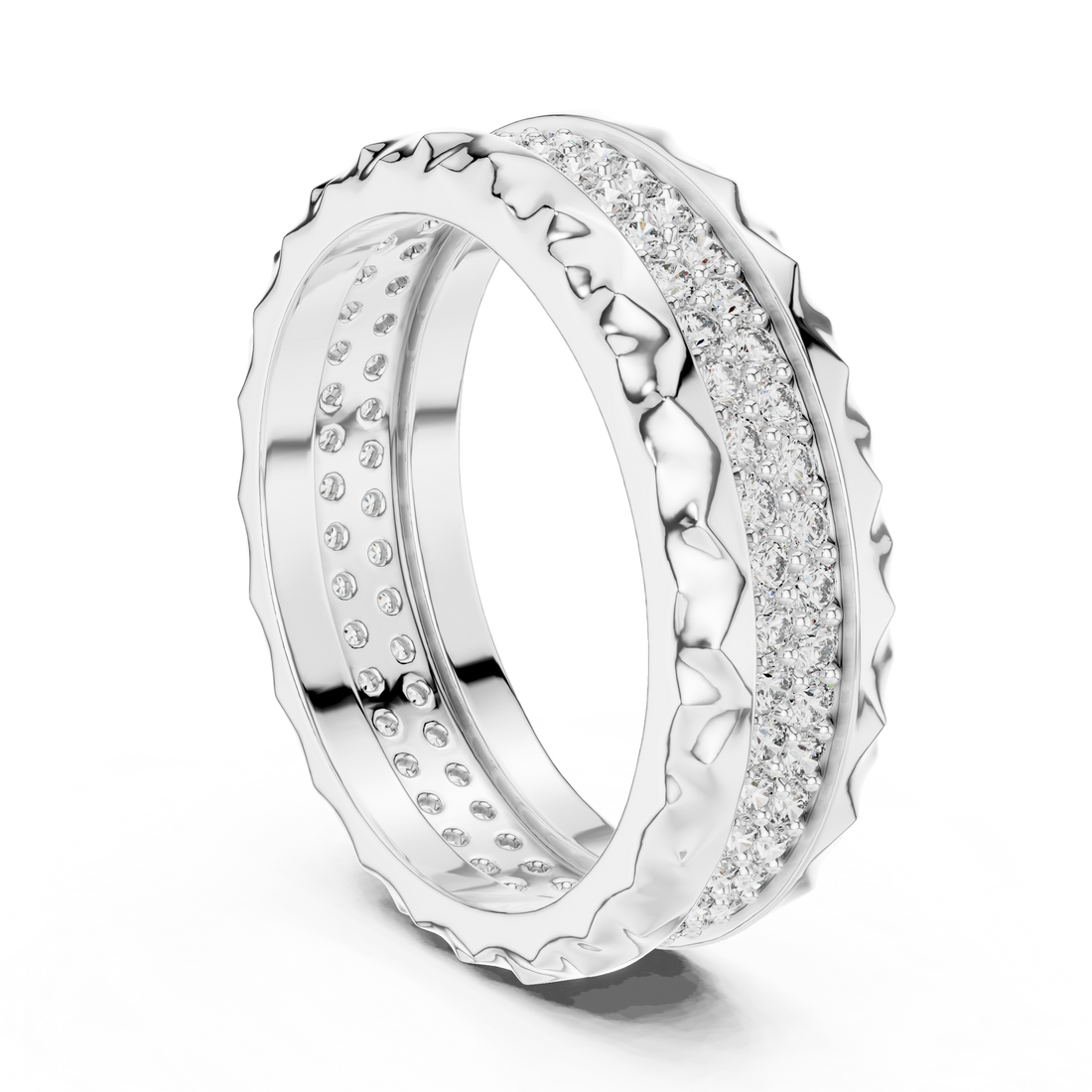 Geometric Double-Row Pave Eternity Band with Faceted Borders