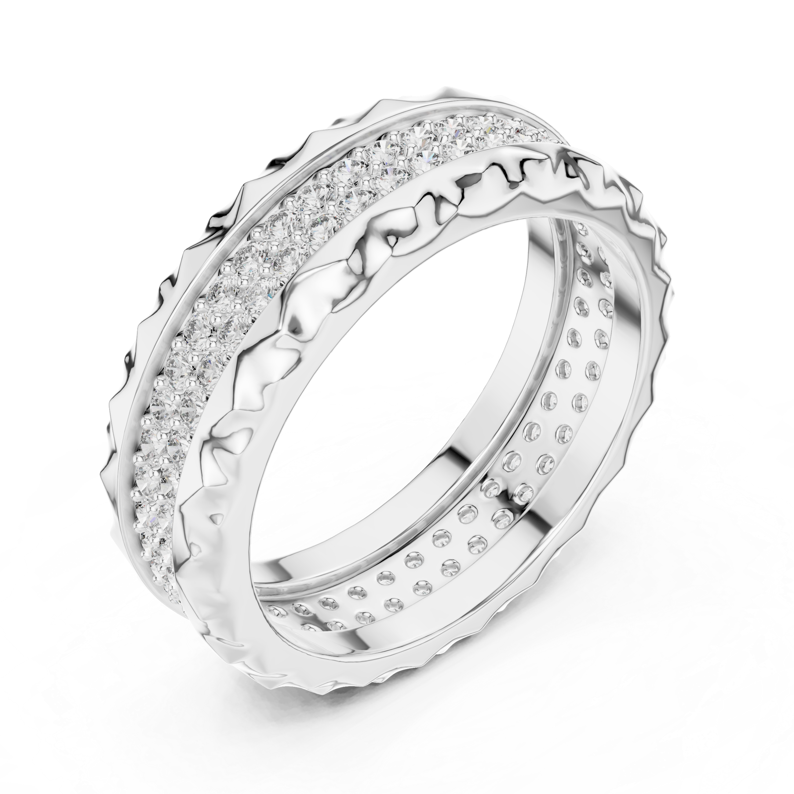Geometric Double-Row Pave Eternity Band with Faceted Borders