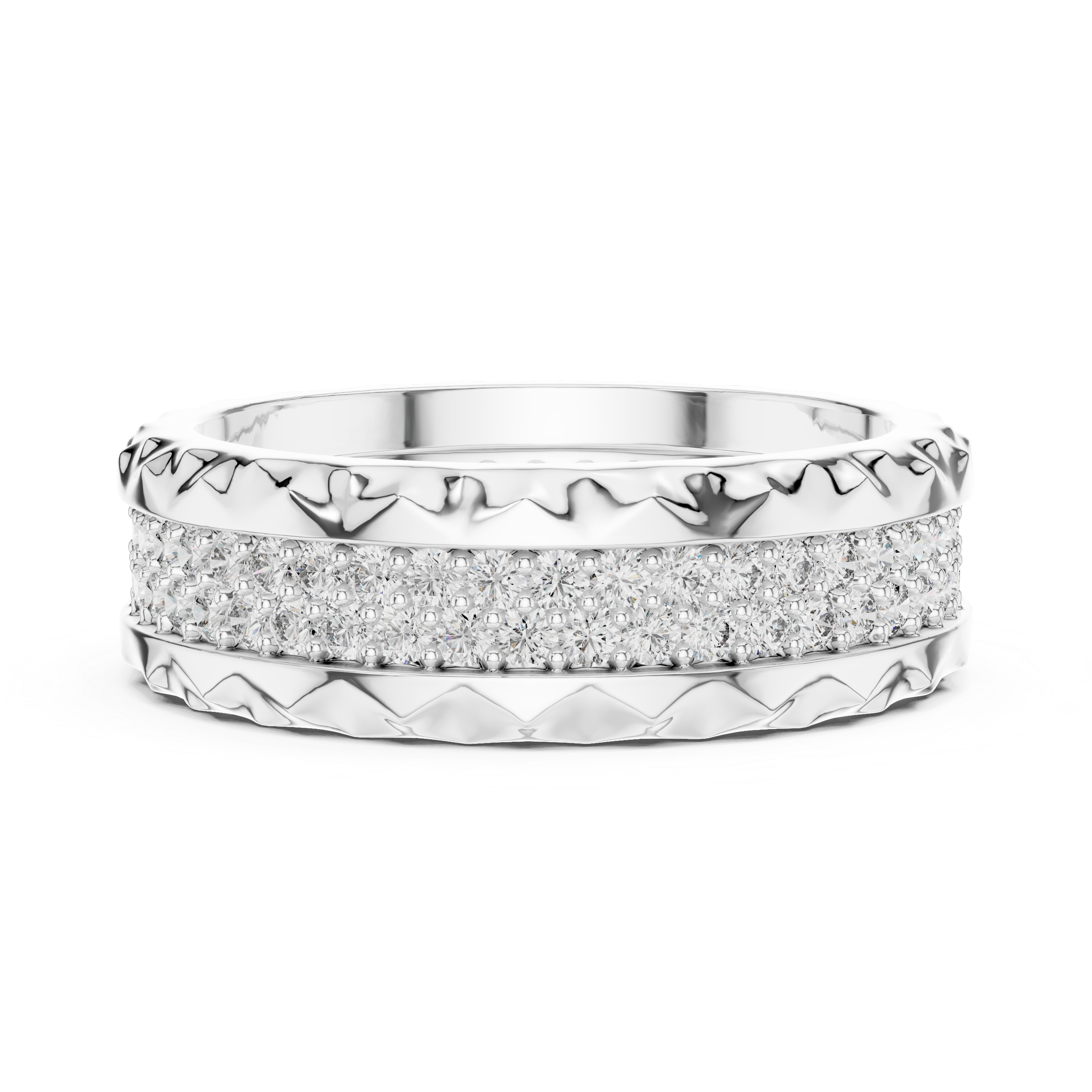 Geometric Double-Row Pave Eternity Band with Faceted Borders