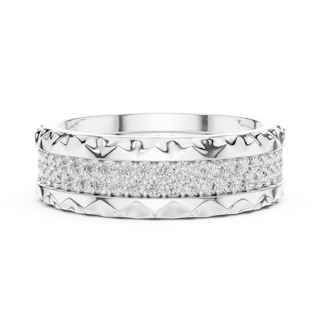 Geometric Double-Row Pave Eternity Band with Faceted Borders
