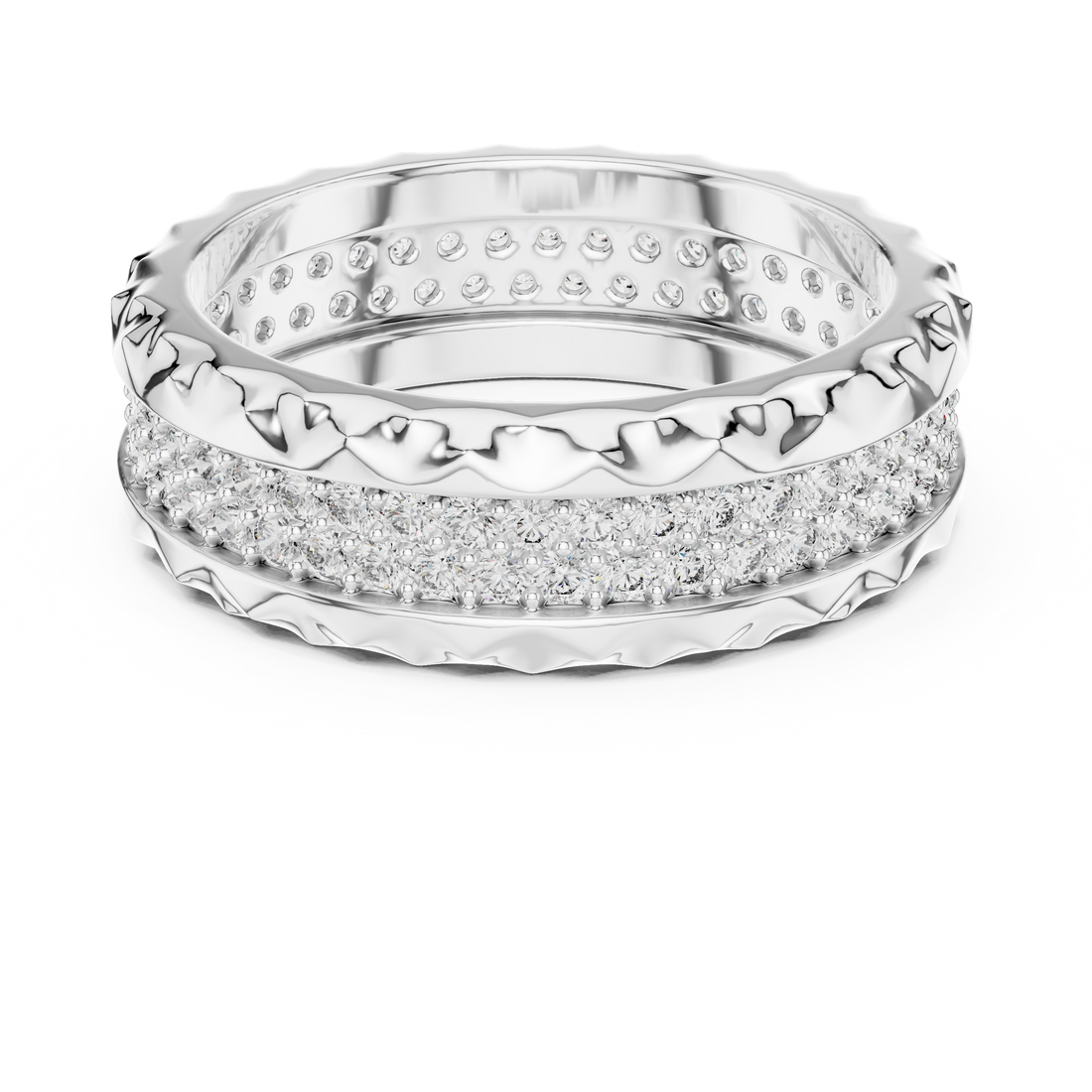 Geometric Double-Row Pave Eternity Band with Faceted Borders