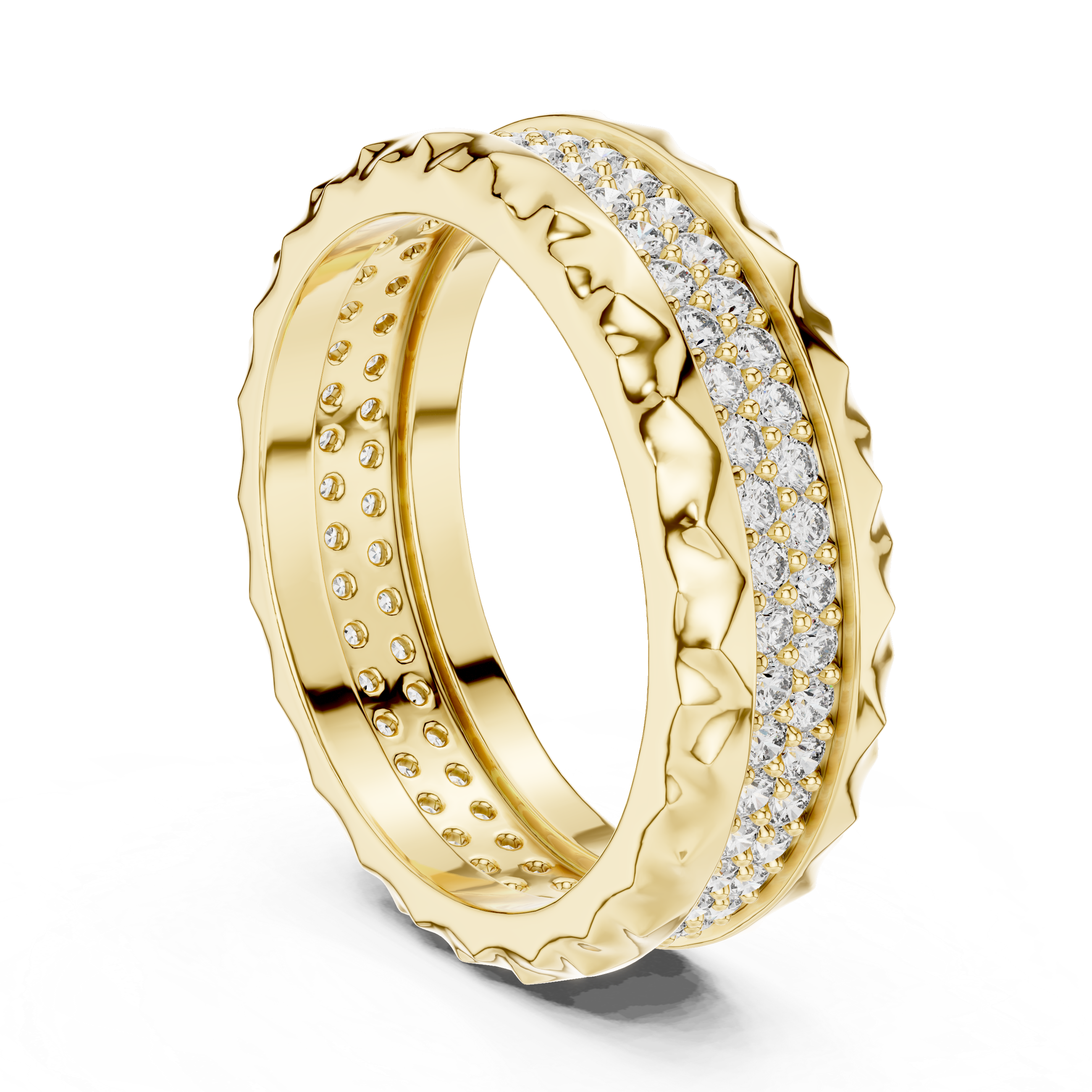 Geometric Double-Row Pave Eternity Band with Faceted Borders