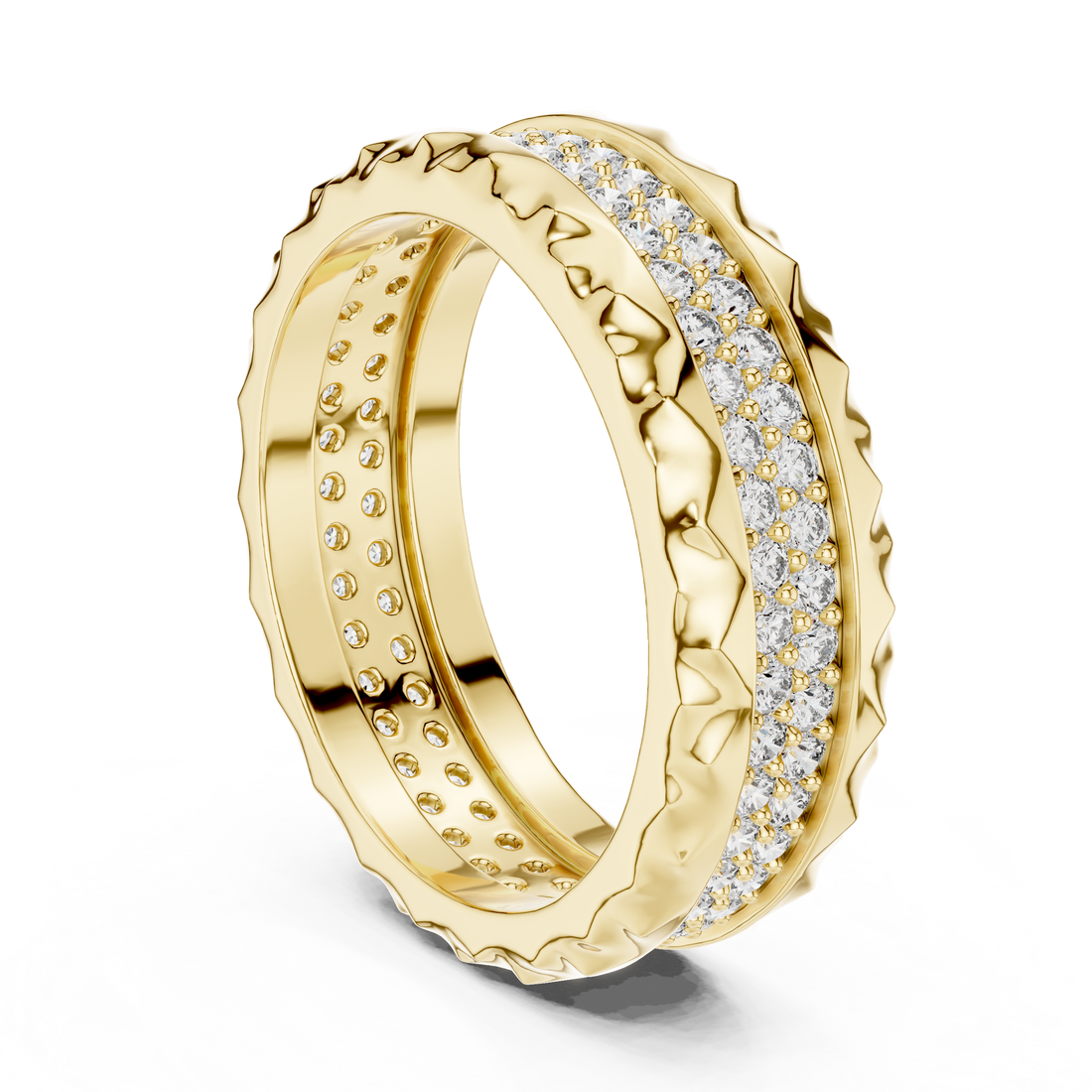 Geometric Double-Row Pave Eternity Band with Faceted Borders