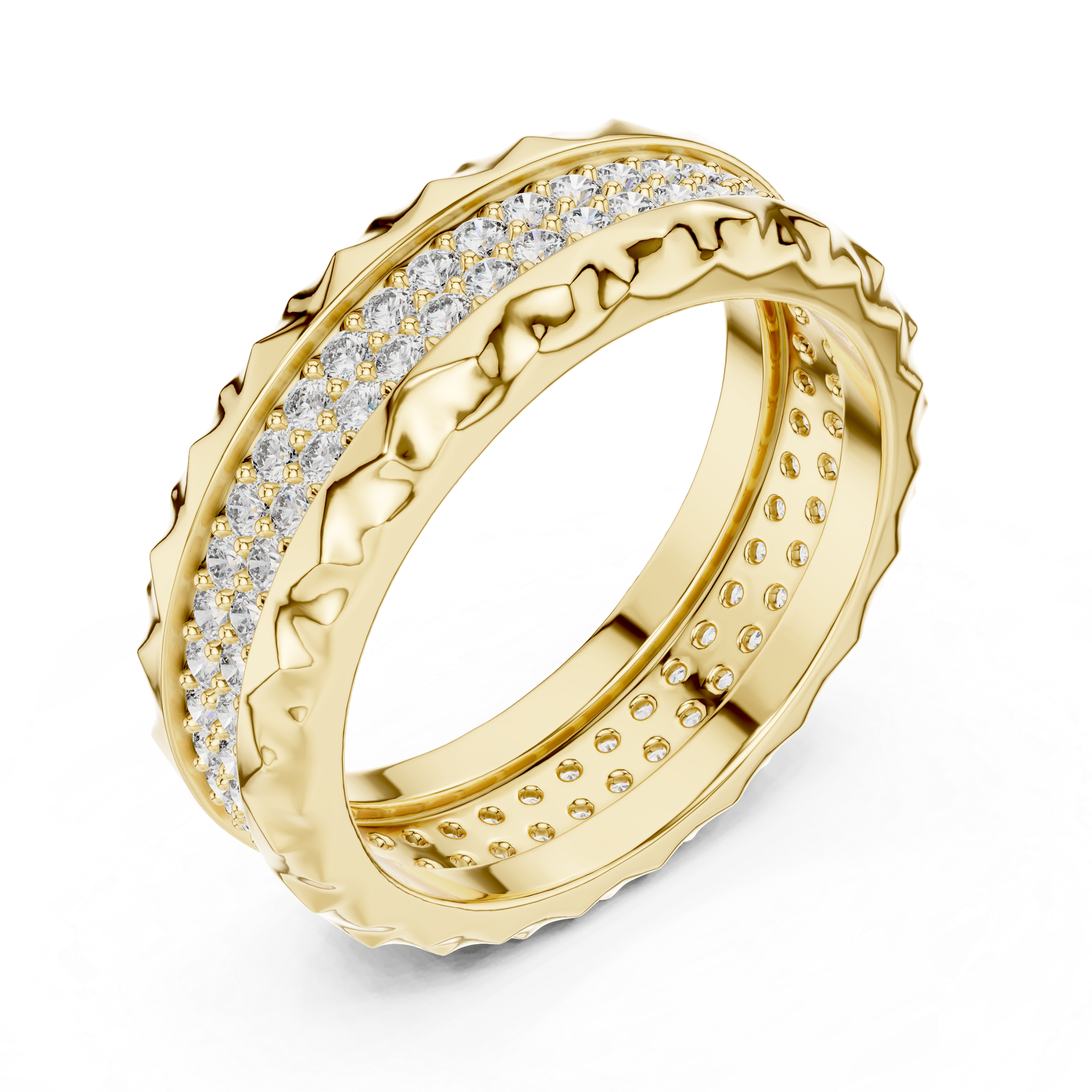 Geometric Double-Row Pave Eternity Band with Faceted Borders