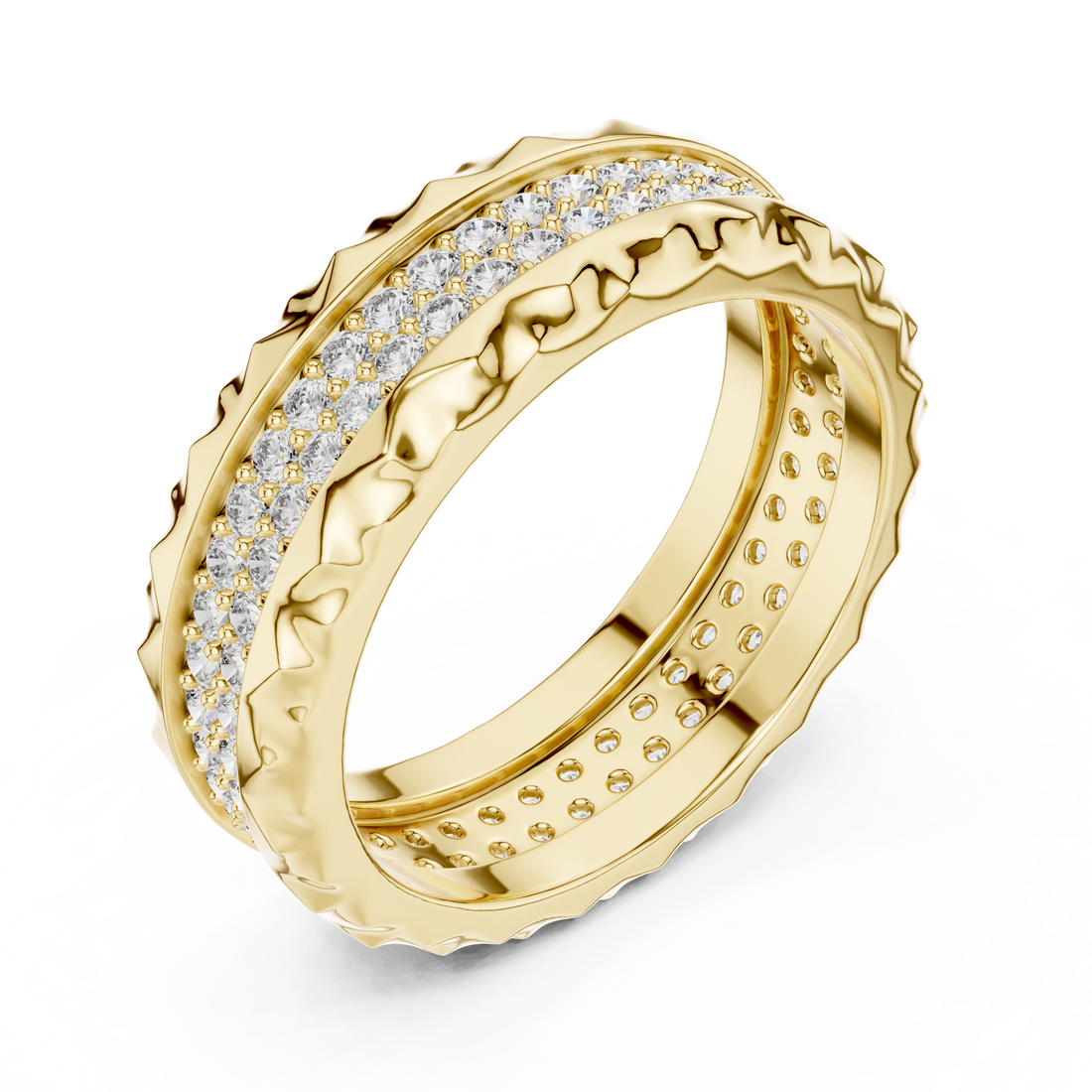Geometric Double-Row Pave Eternity Band with Faceted Borders