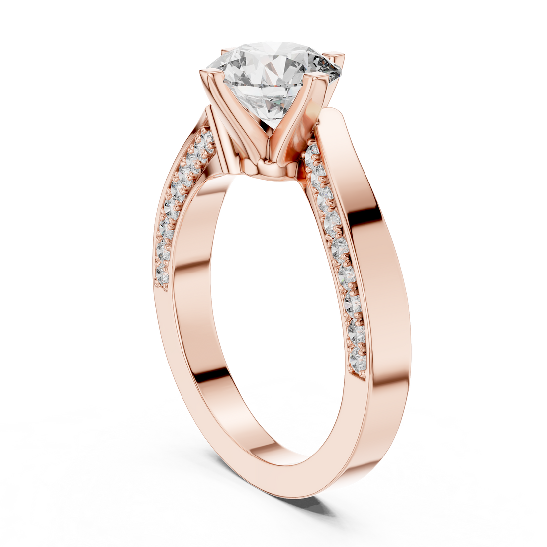 Round Solitaire Engagement Ring with Cross-Over / Twist Pave Shank