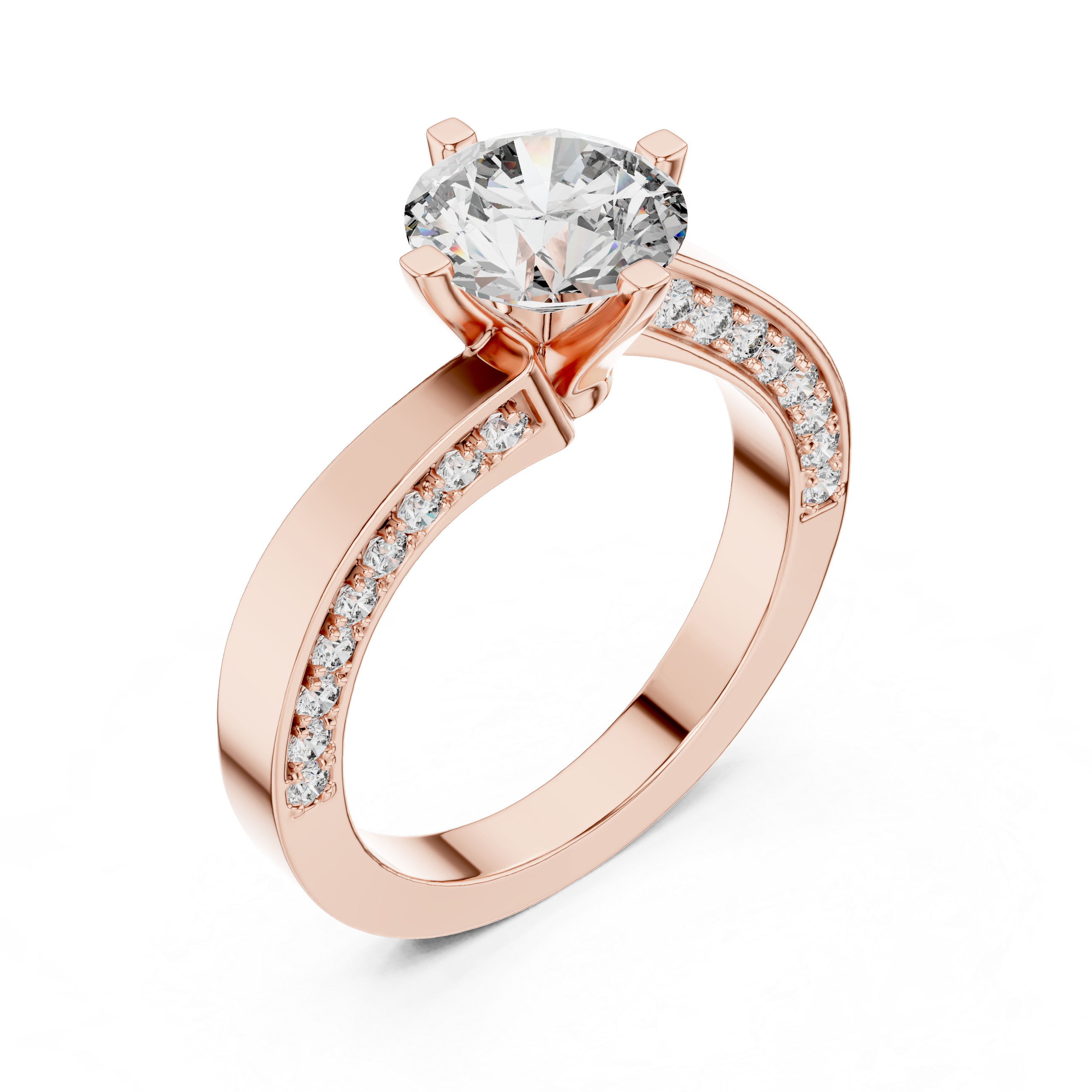 Round Solitaire Engagement Ring with Cross-Over / Twist Pave Shank