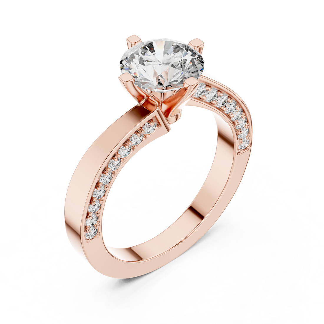 Round Solitaire Engagement Ring with Cross-Over / Twist Pave Shank