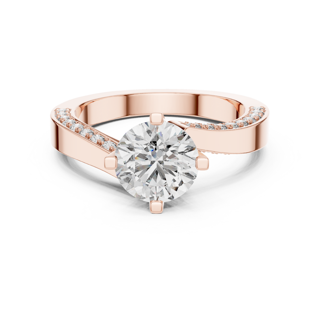 Round Solitaire Engagement Ring with Cross-Over / Twist Pave Shank