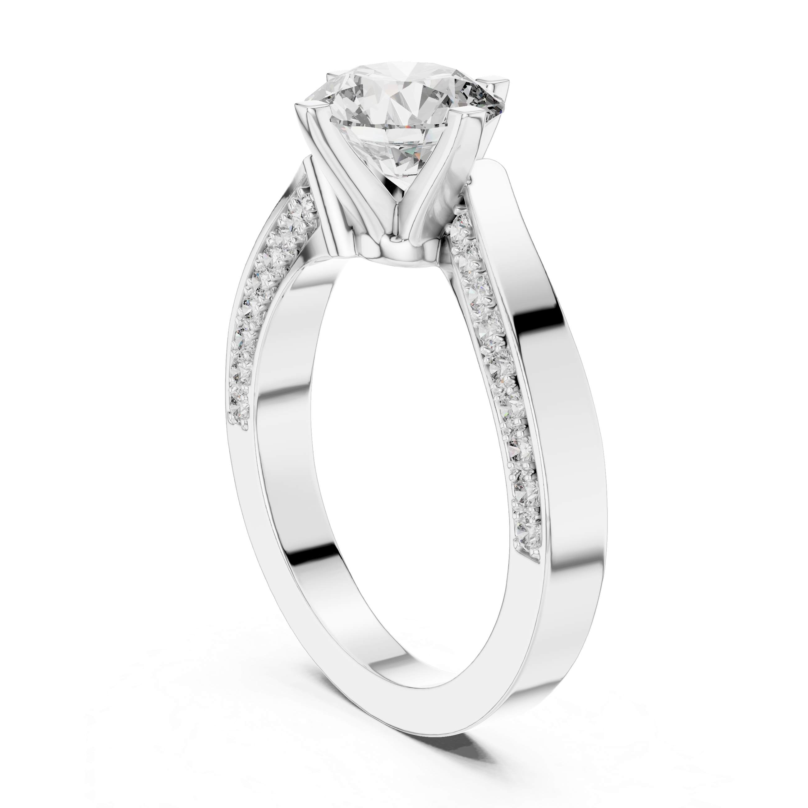 Round Solitaire Engagement Ring with Cross-Over / Twist Pave Shank