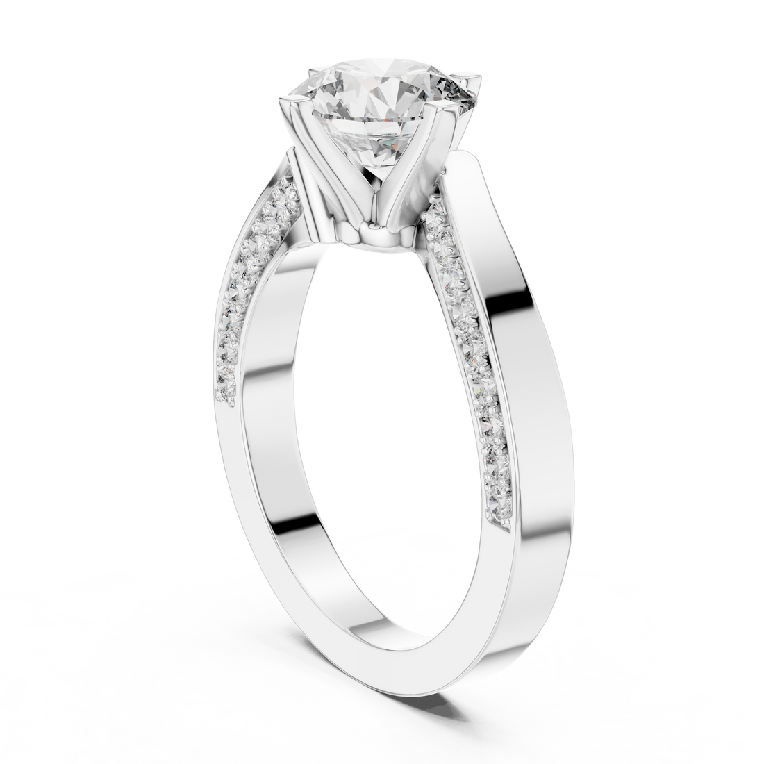 Round Solitaire Engagement Ring with Cross-Over / Twist Pave Shank