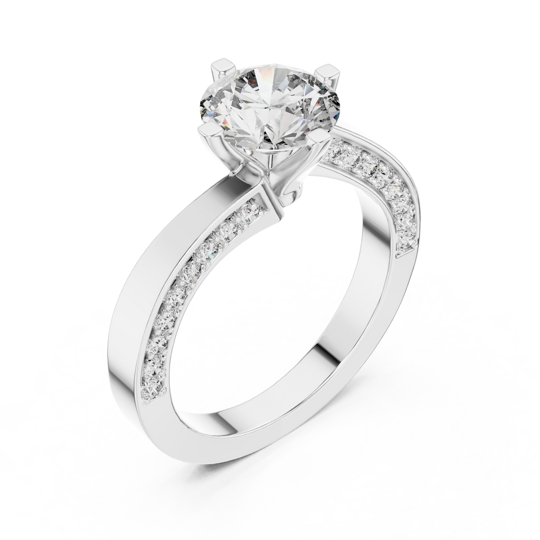 Round Solitaire Engagement Ring with Cross-Over / Twist Pave Shank