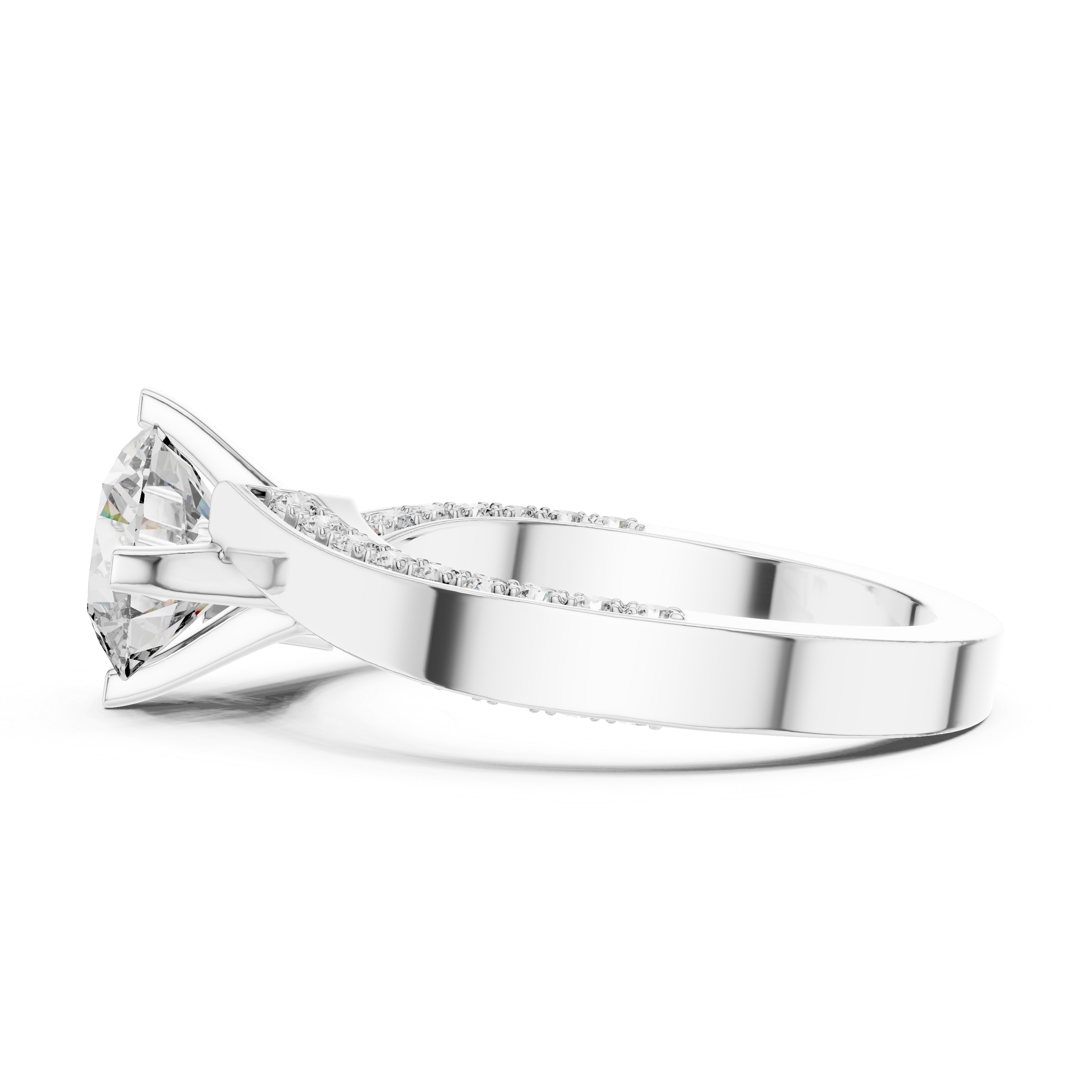 Round Solitaire Engagement Ring with Cross-Over / Twist Pave Shank