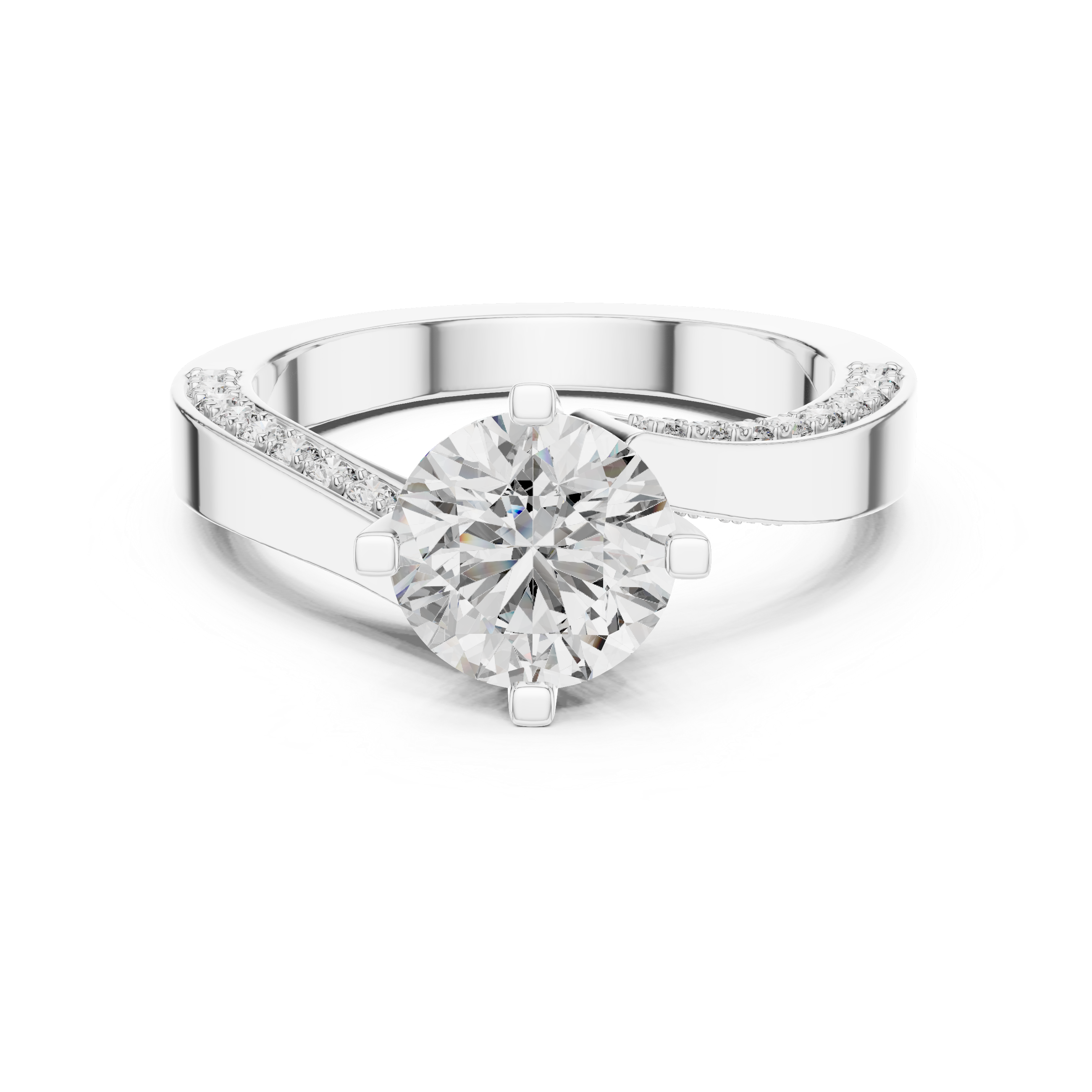 Round Solitaire Engagement Ring with Cross-Over / Twist Pave Shank