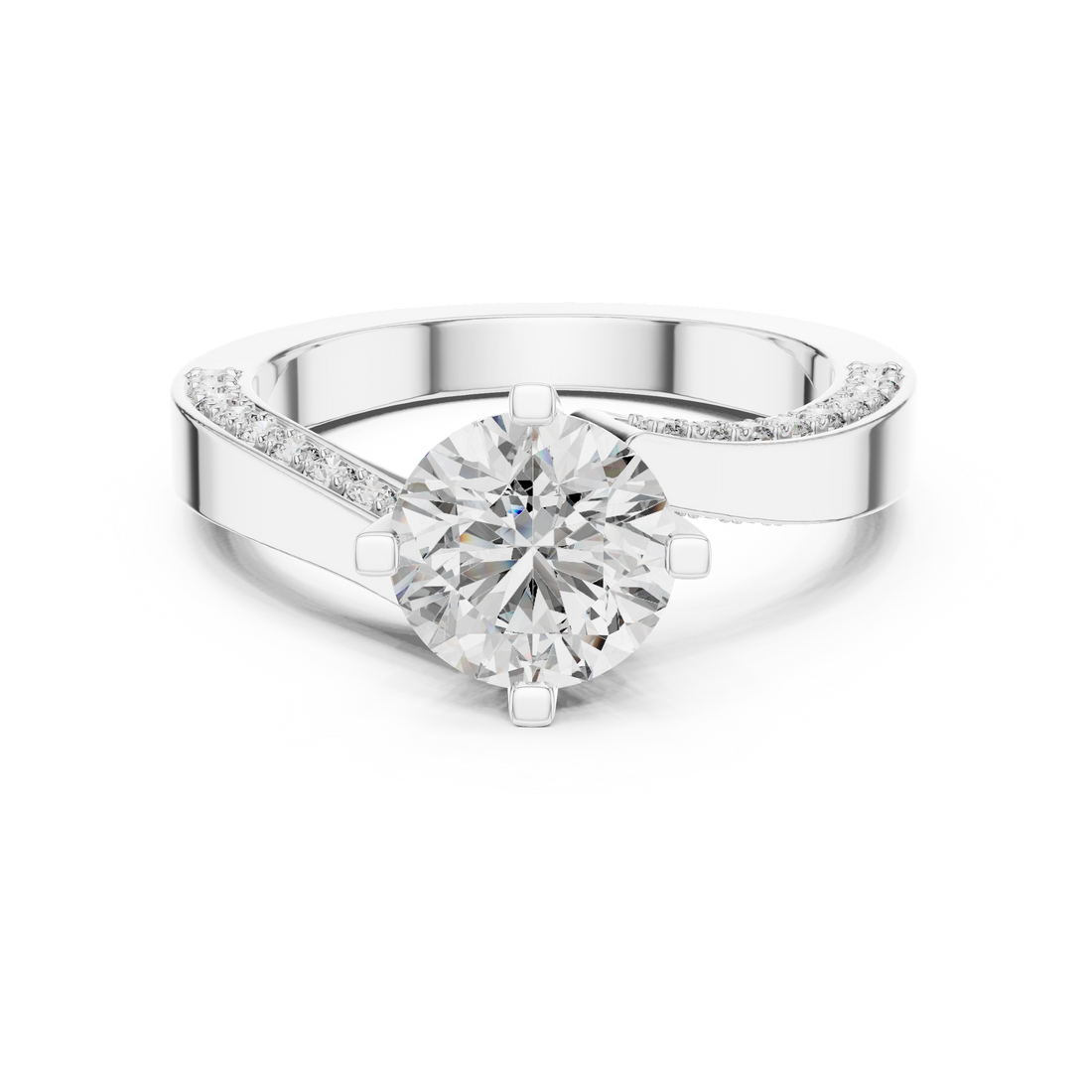 Round Solitaire Engagement Ring with Cross-Over / Twist Pave Shank