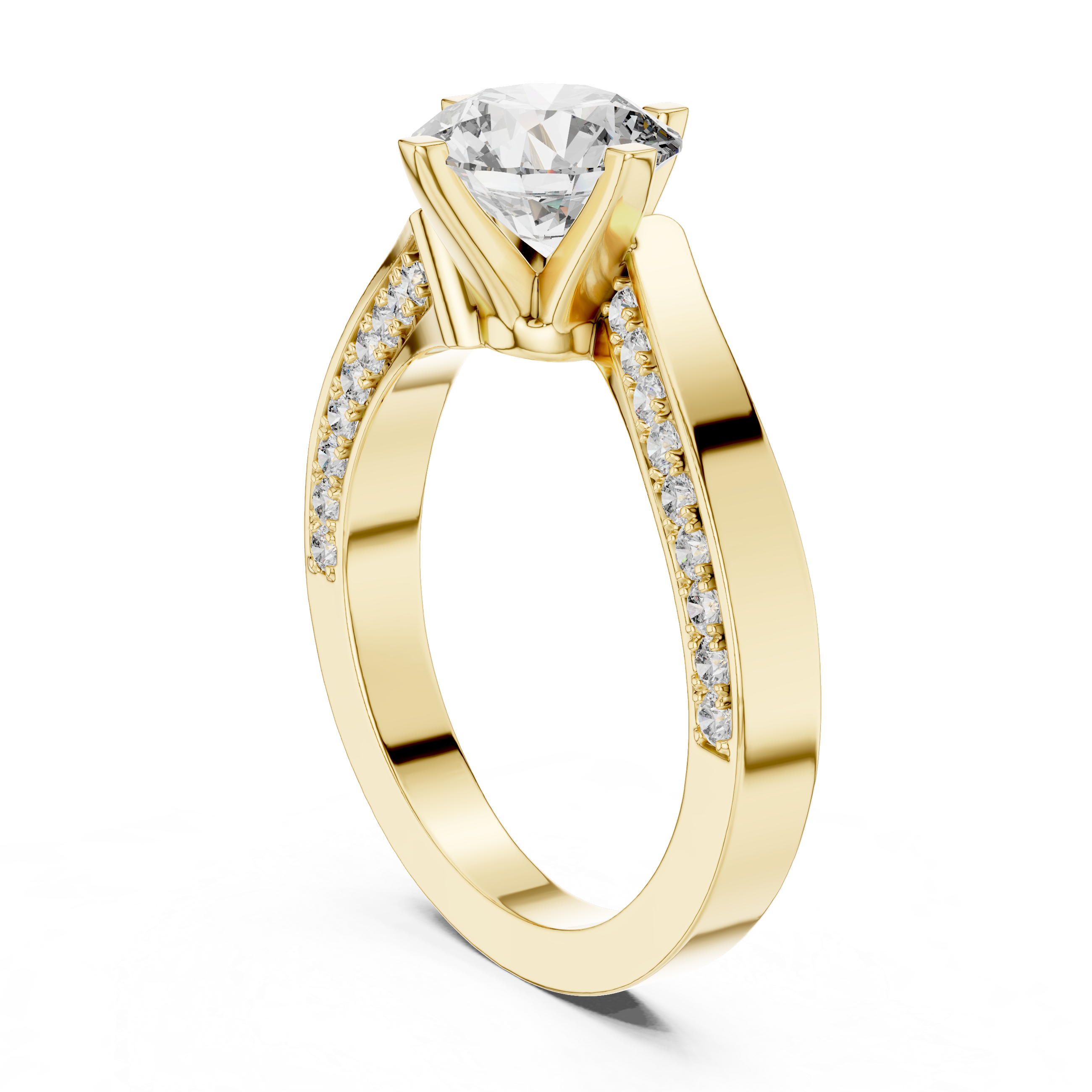 Round Solitaire Engagement Ring with Cross-Over / Twist Pave Shank
