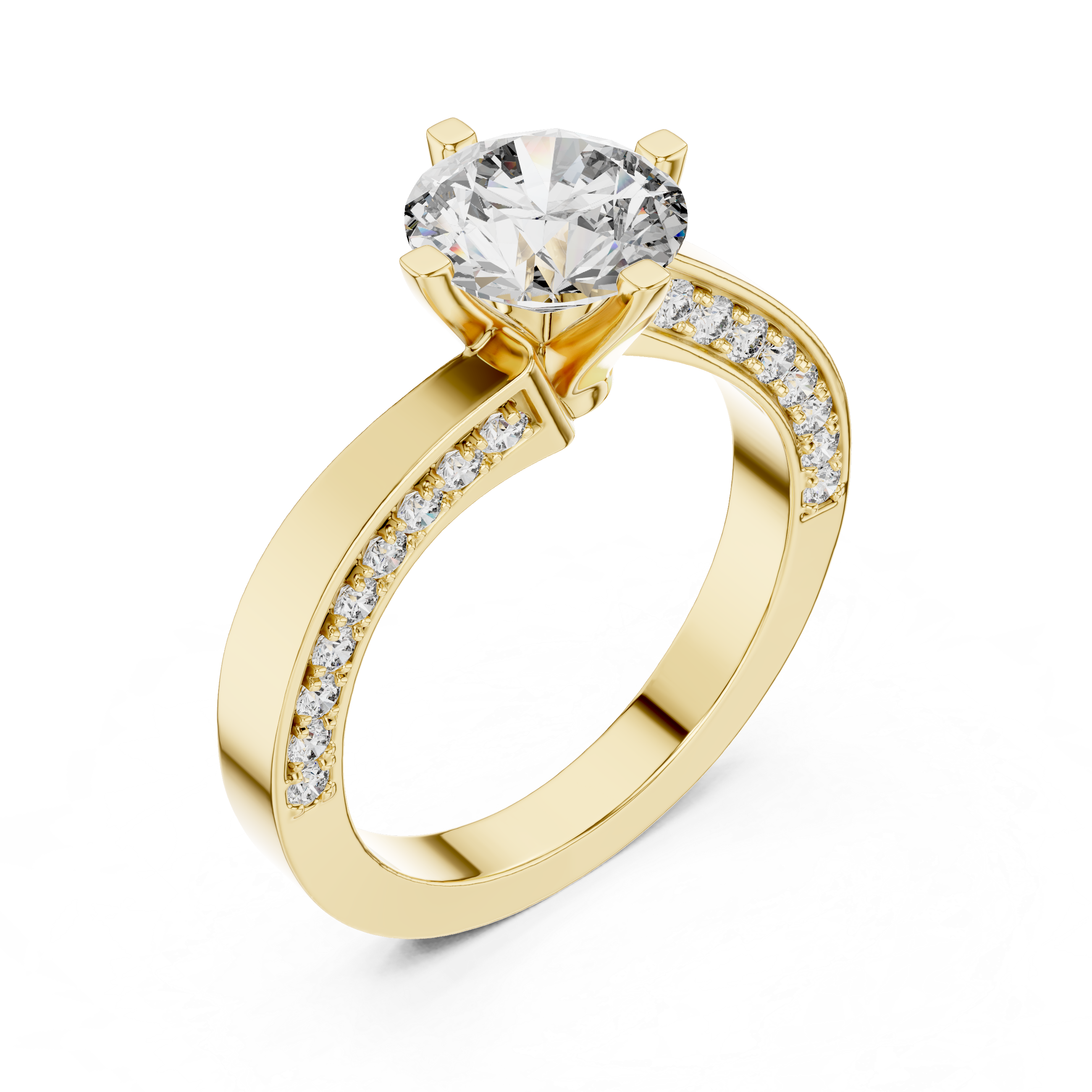 Round Solitaire Engagement Ring with Cross-Over / Twist Pave Shank