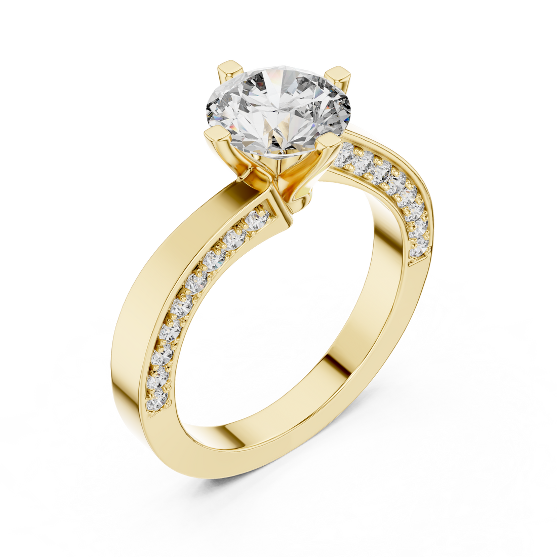 Round Solitaire Engagement Ring with Cross-Over / Twist Pave Shank