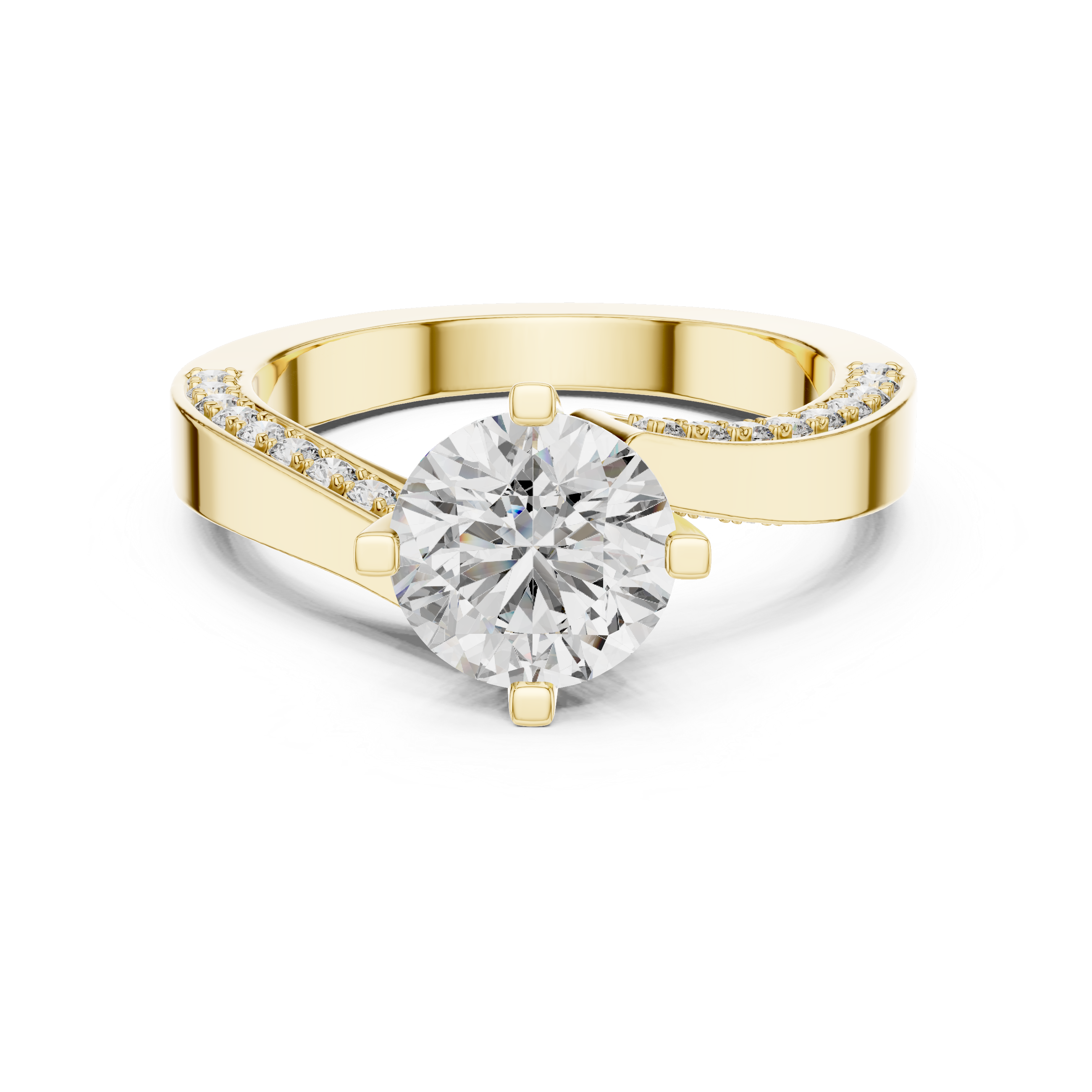 Round Solitaire Engagement Ring with Cross-Over / Twist Pave Shank