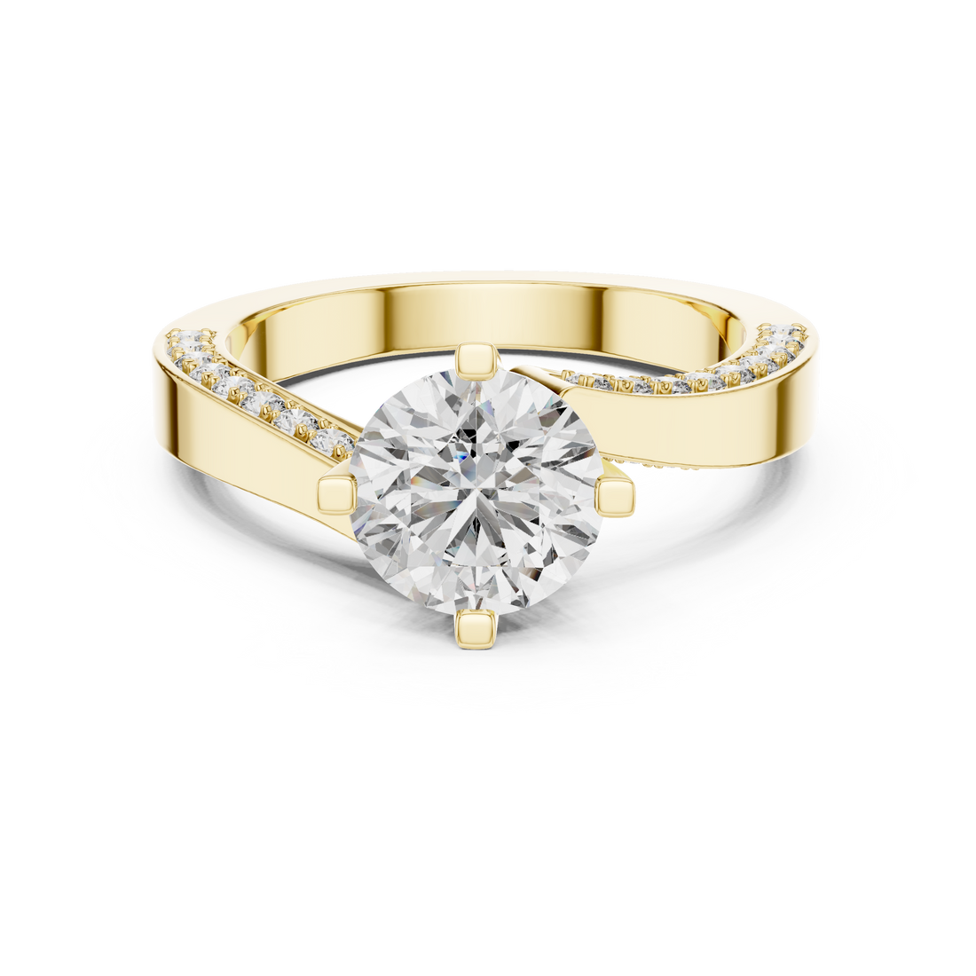 Round Solitaire Engagement Ring with Cross-Over / Twist Pave Shank