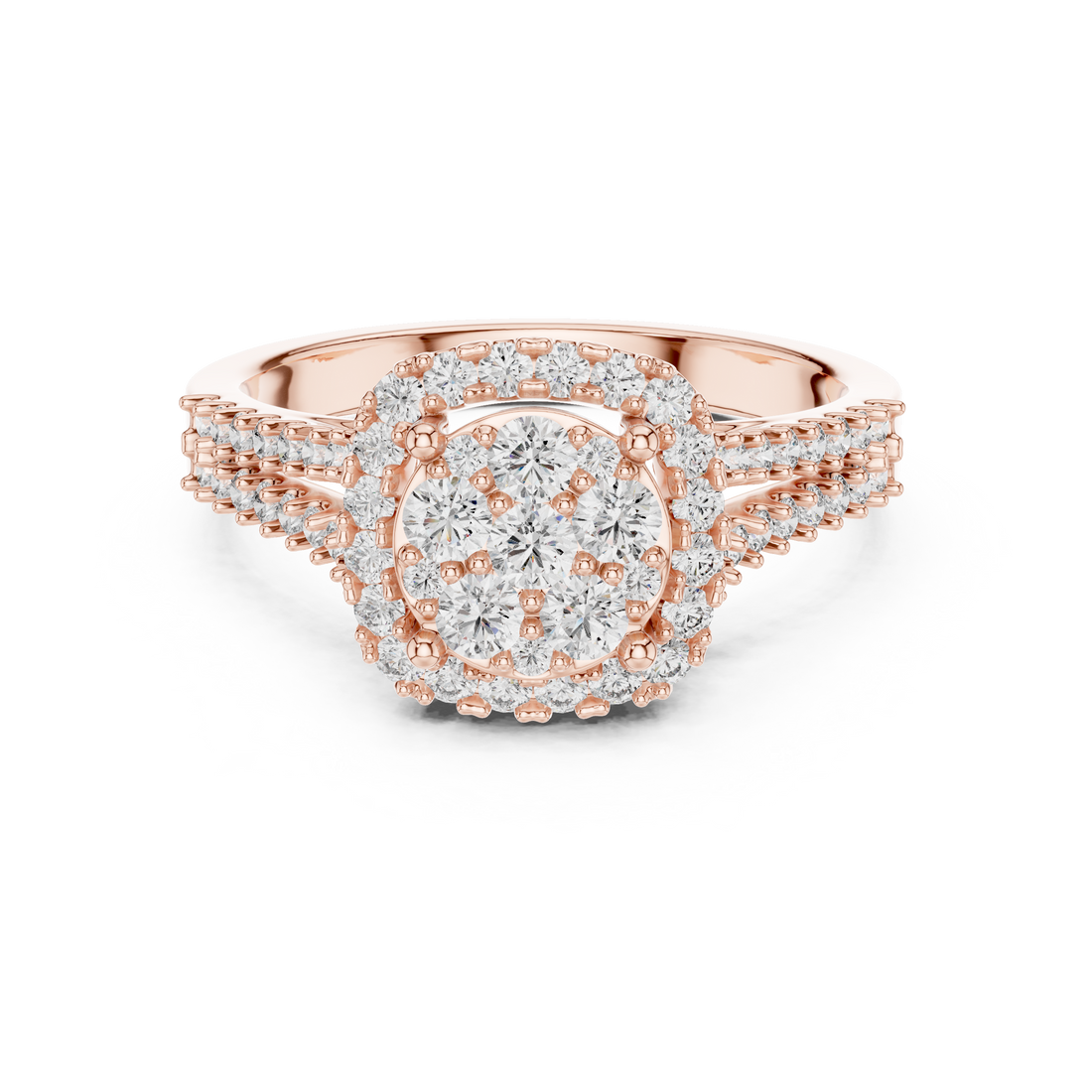 Multi-Stone Cluster Diamond Engagement Ring with Pave Split Shank