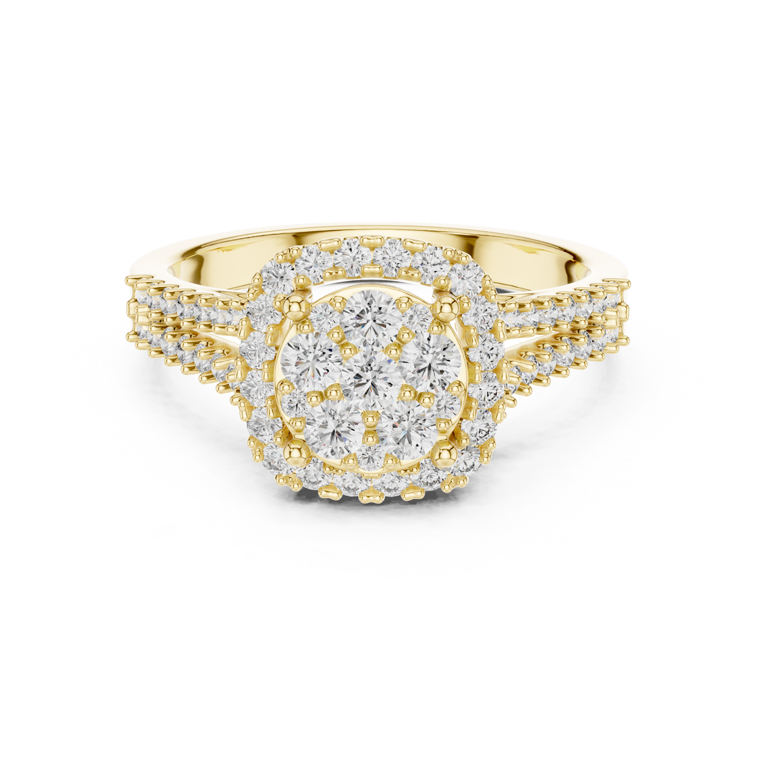 Multi-Stone Cluster Diamond Engagement Ring with Pave Split Shank