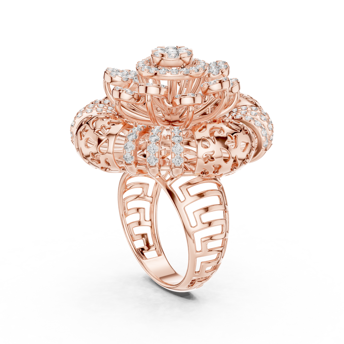 Ornate Floral Mandala Cocktail Ring with Multi-Tier Micro-Pave Details