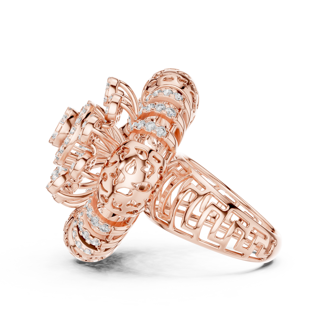 Ornate Floral Mandala Cocktail Ring with Multi-Tier Micro-Pave Details