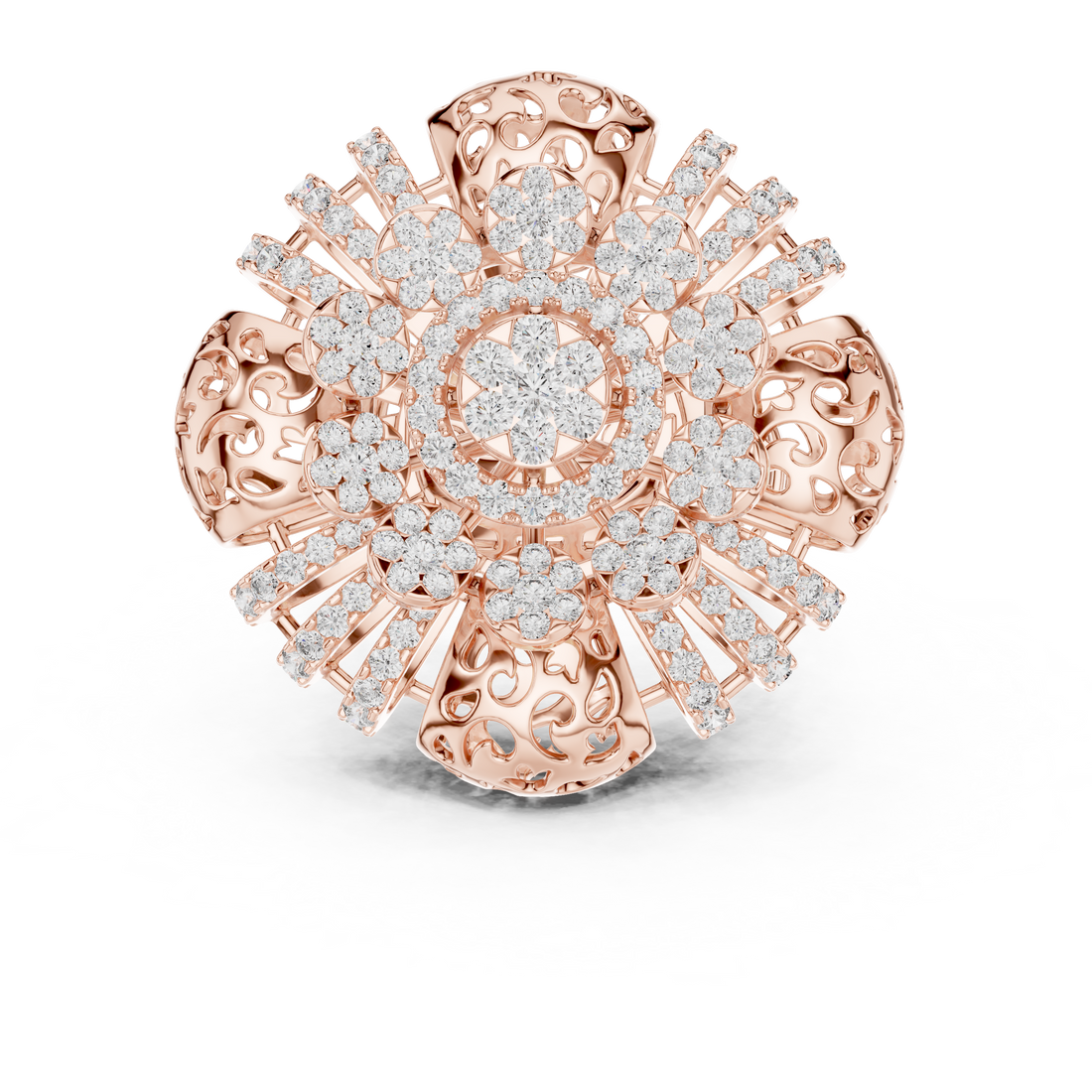 Ornate Floral Mandala Cocktail Ring with Multi-Tier Micro-Pave Details