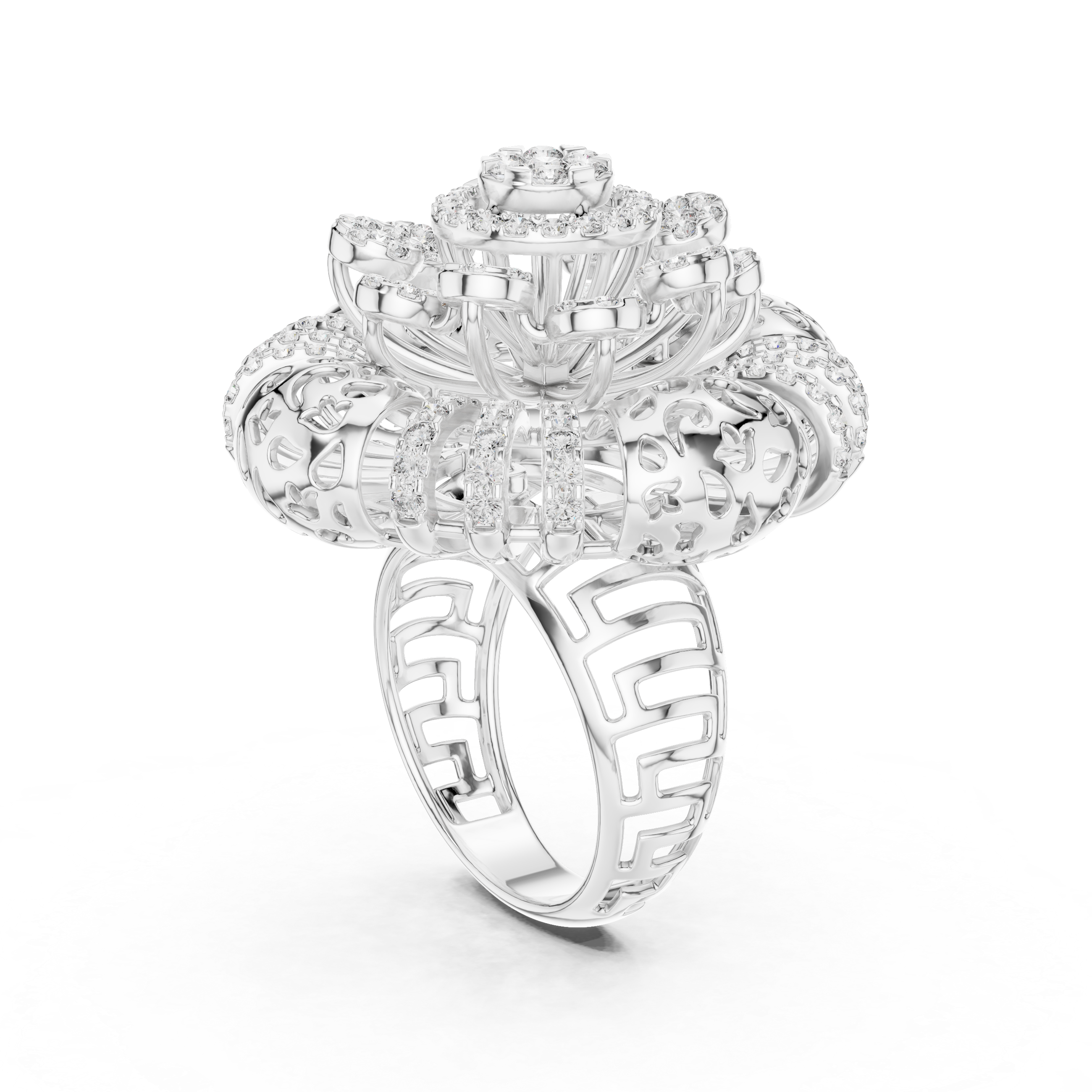Ornate Floral Mandala Cocktail Ring with Multi-Tier Micro-Pave Details