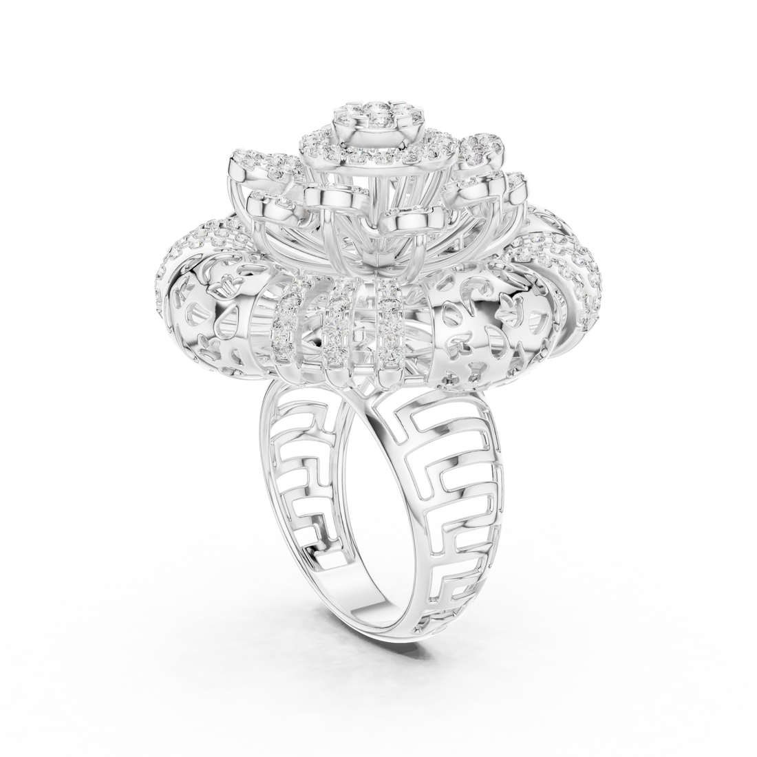 Ornate Floral Mandala Cocktail Ring with Multi-Tier Micro-Pave Details