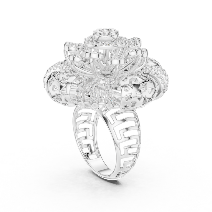 Ornate Floral Mandala Cocktail Ring with Multi-Tier Micro-Pave Details