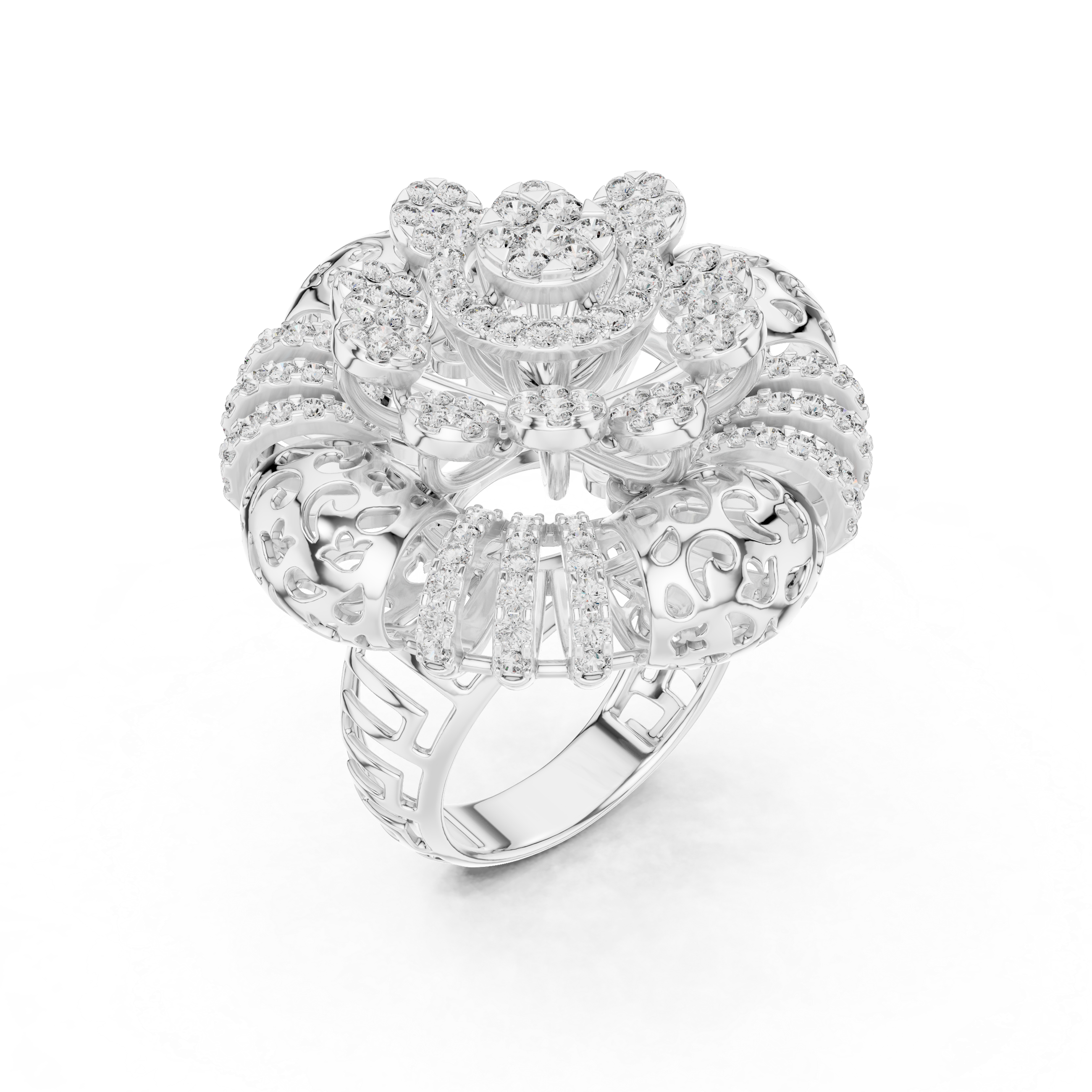 Ornate Floral Mandala Cocktail Ring with Multi-Tier Micro-Pave Details
