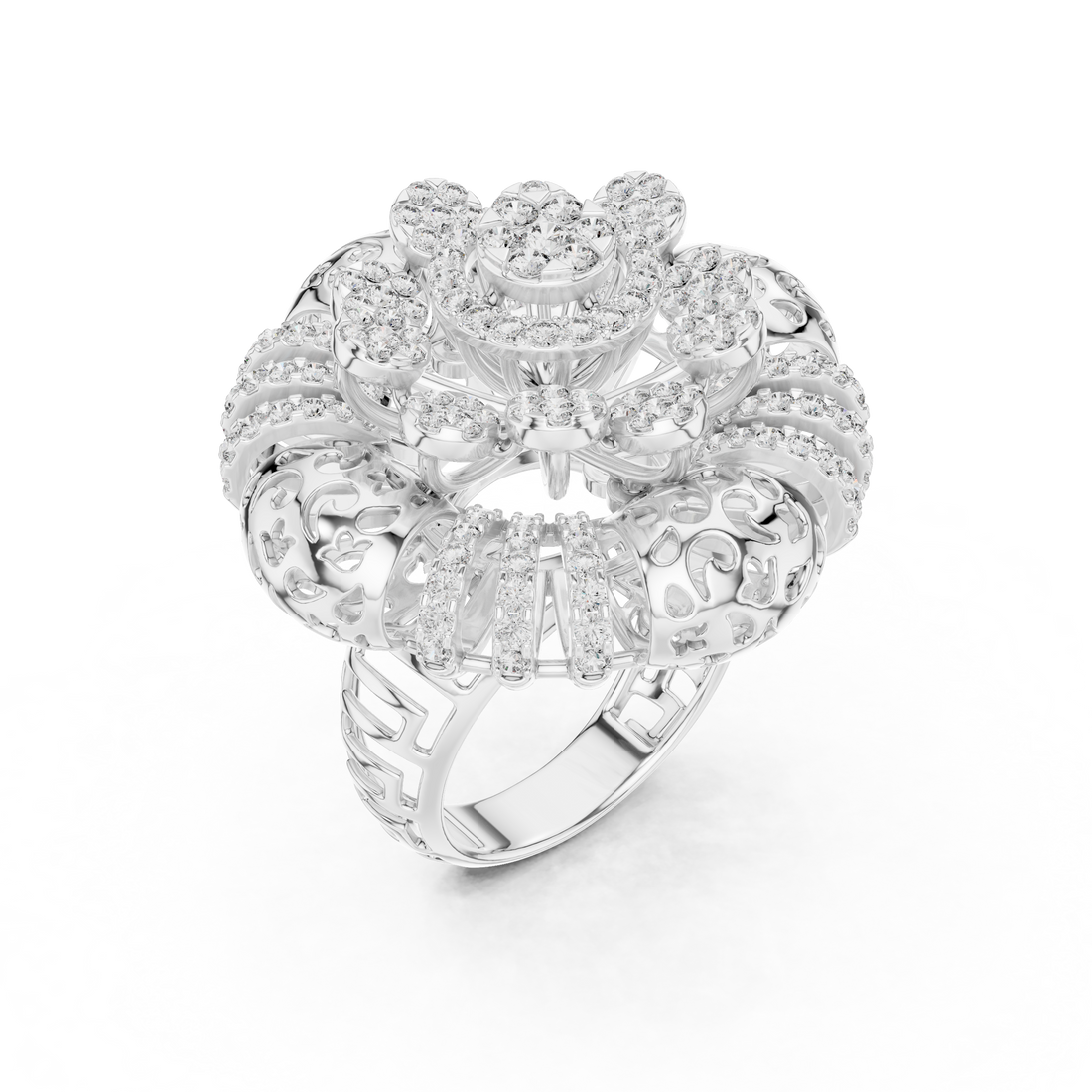 Ornate Floral Mandala Cocktail Ring with Multi-Tier Micro-Pave Details