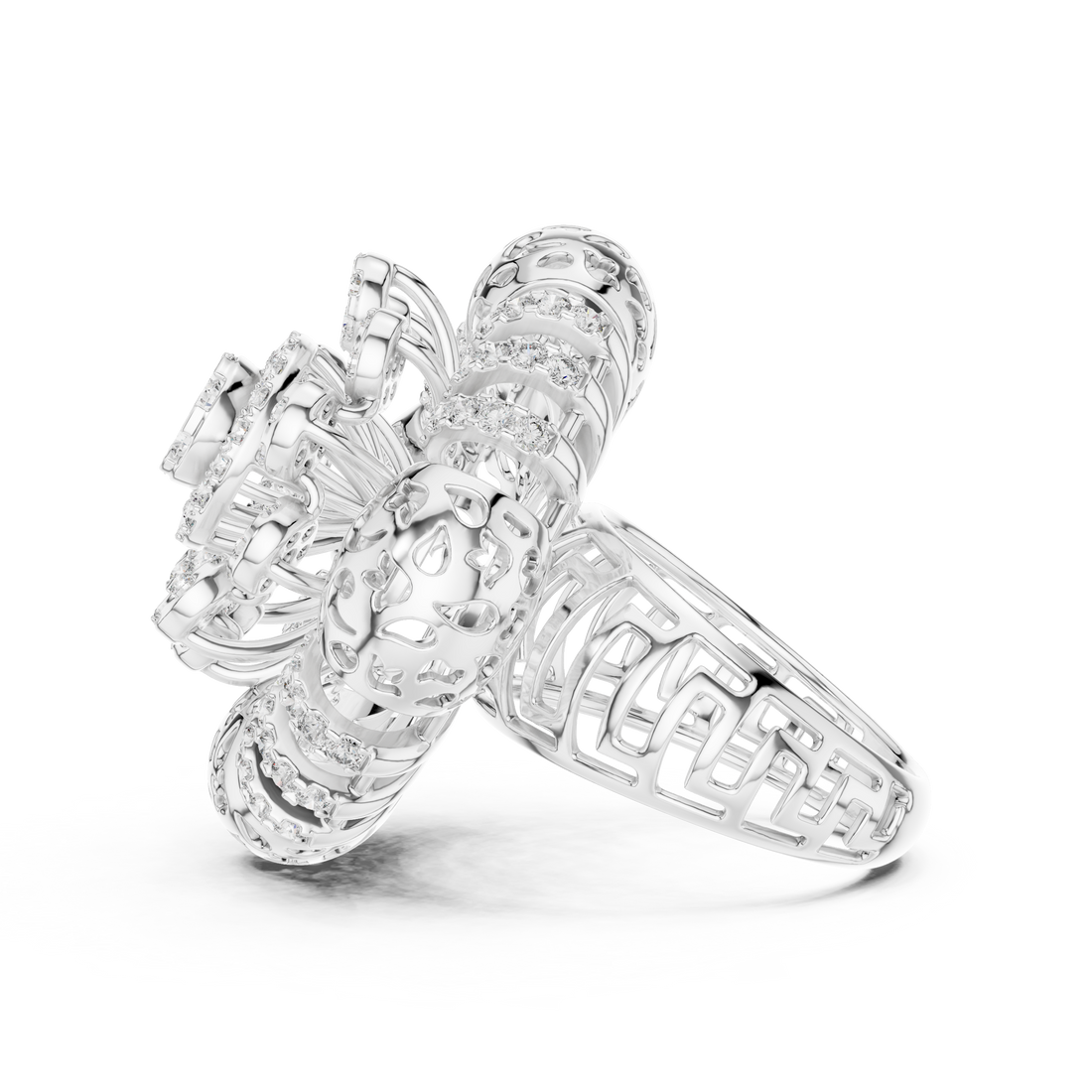 Ornate Floral Mandala Cocktail Ring with Multi-Tier Micro-Pave Details